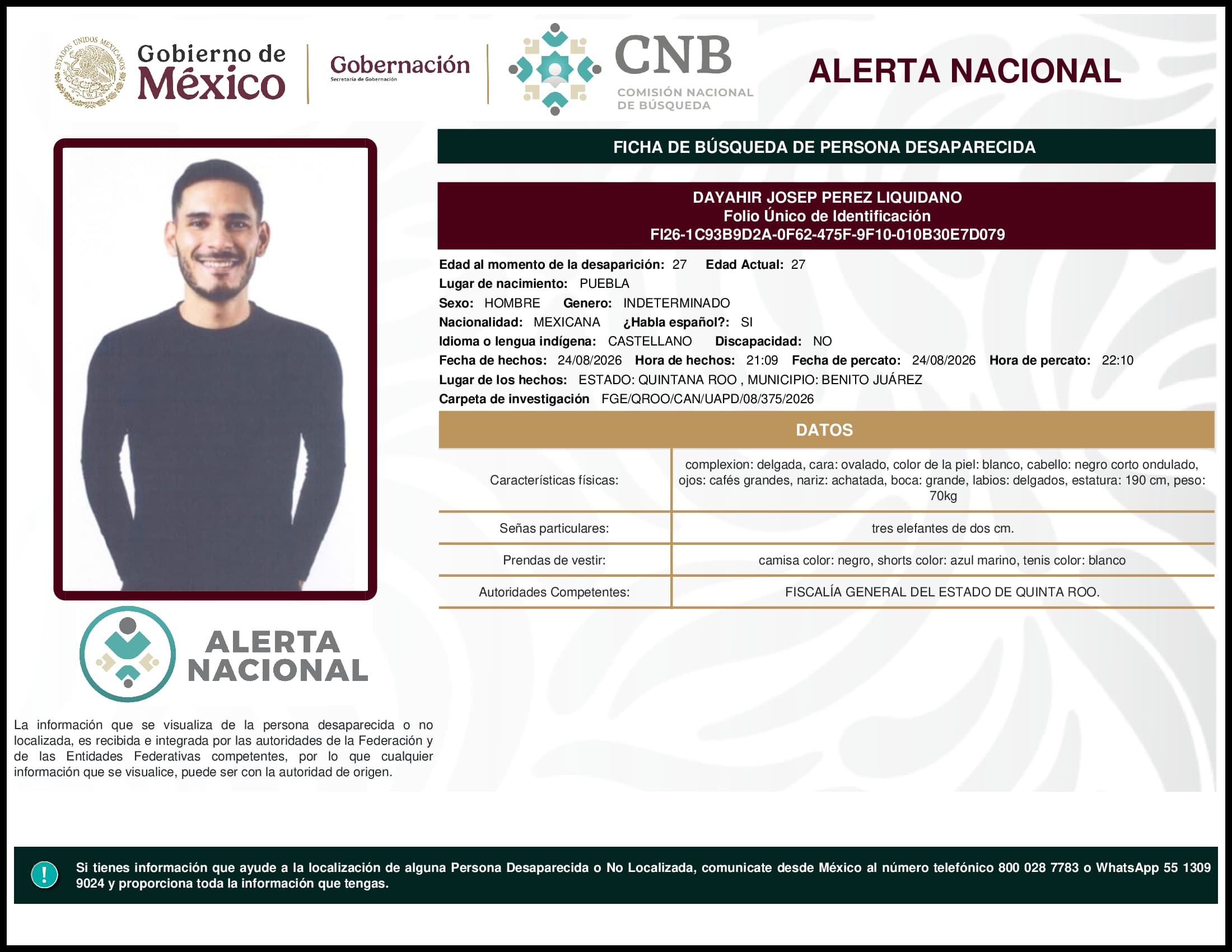Persona desaparecida Dayahir Josep Perez Liquidano