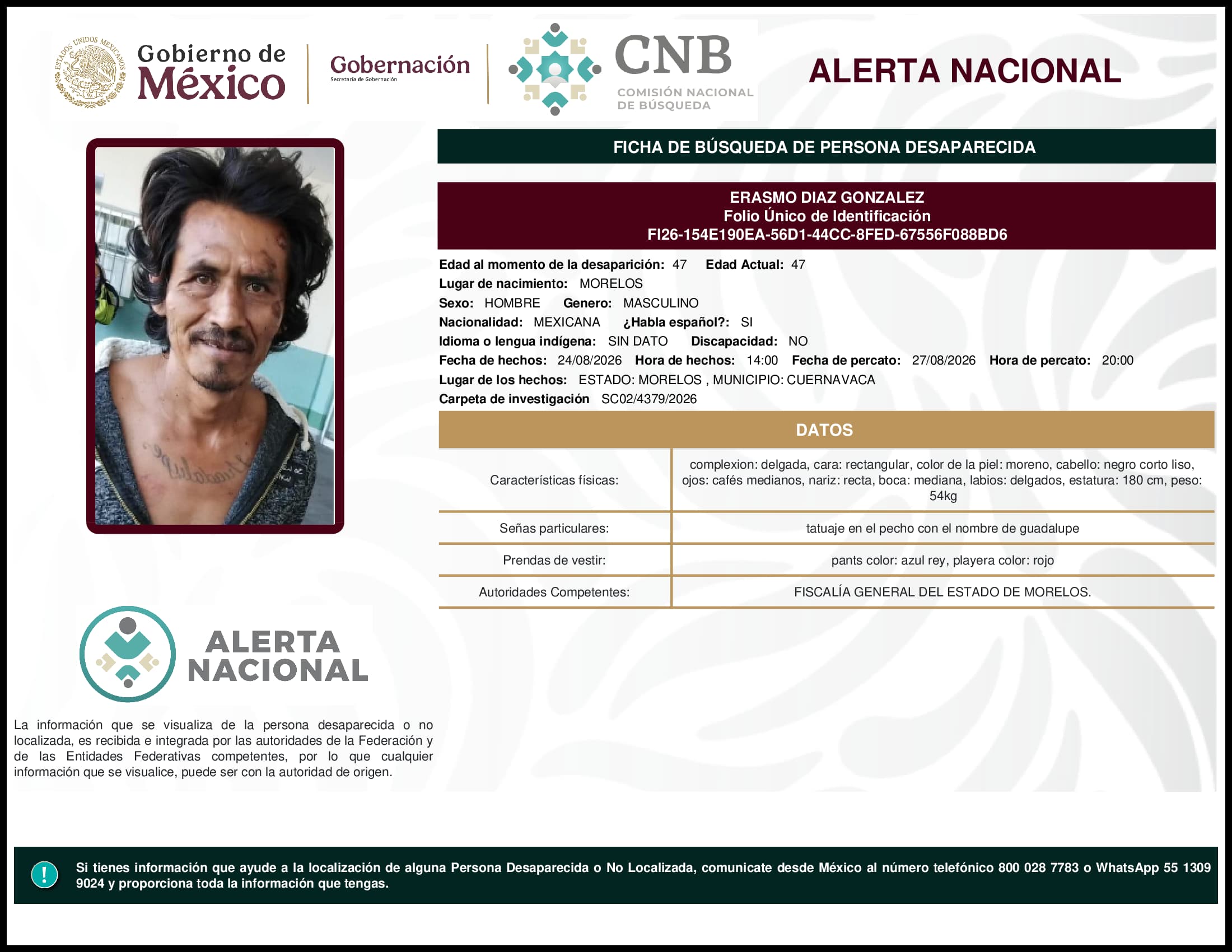 Persona desaparecida Erasmo Diaz Gonzalez