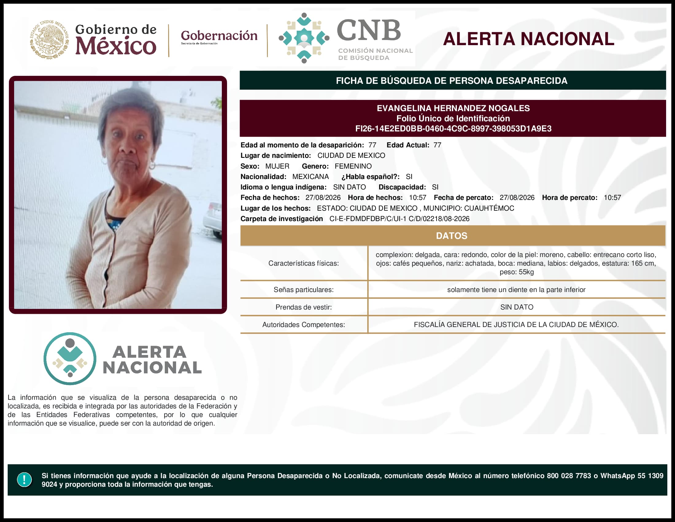 Persona desaparecida Evangelina Hernandez Nogales