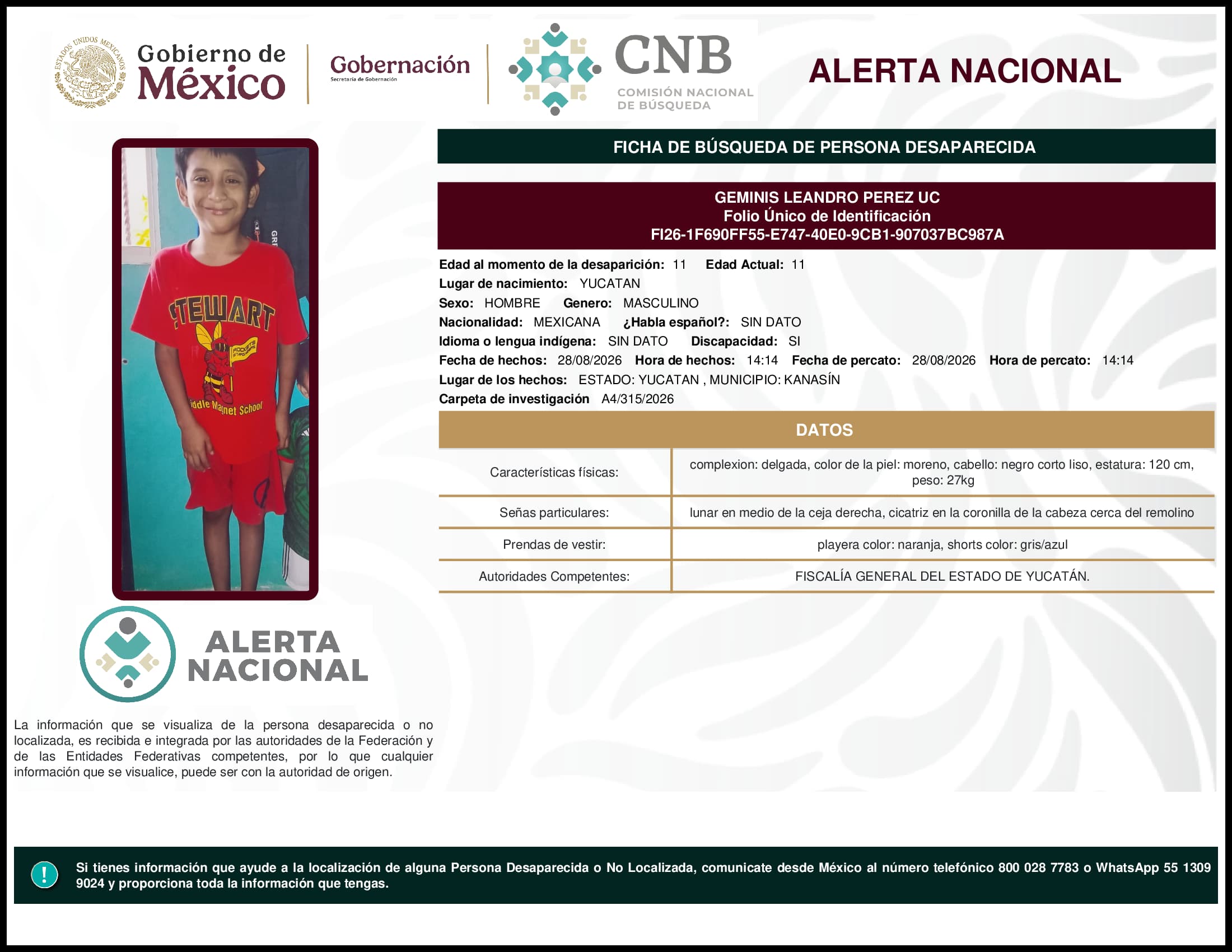 Persona desaparecida Geminis Leandro Perez Uc