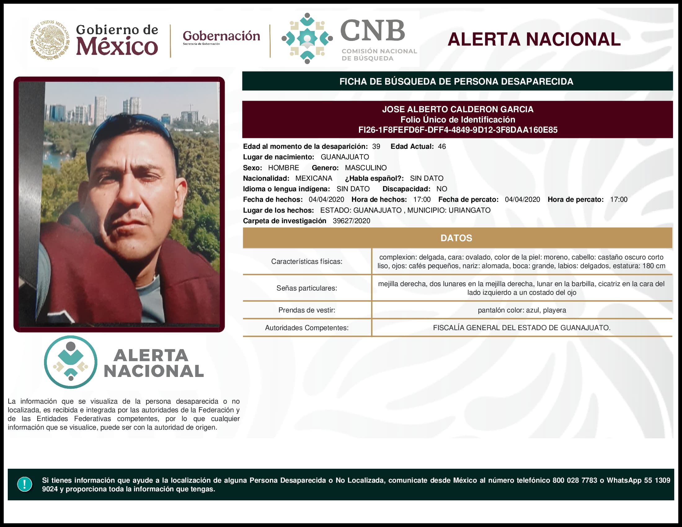 Persona desaparecida Jose Alberto Calderon Garcia