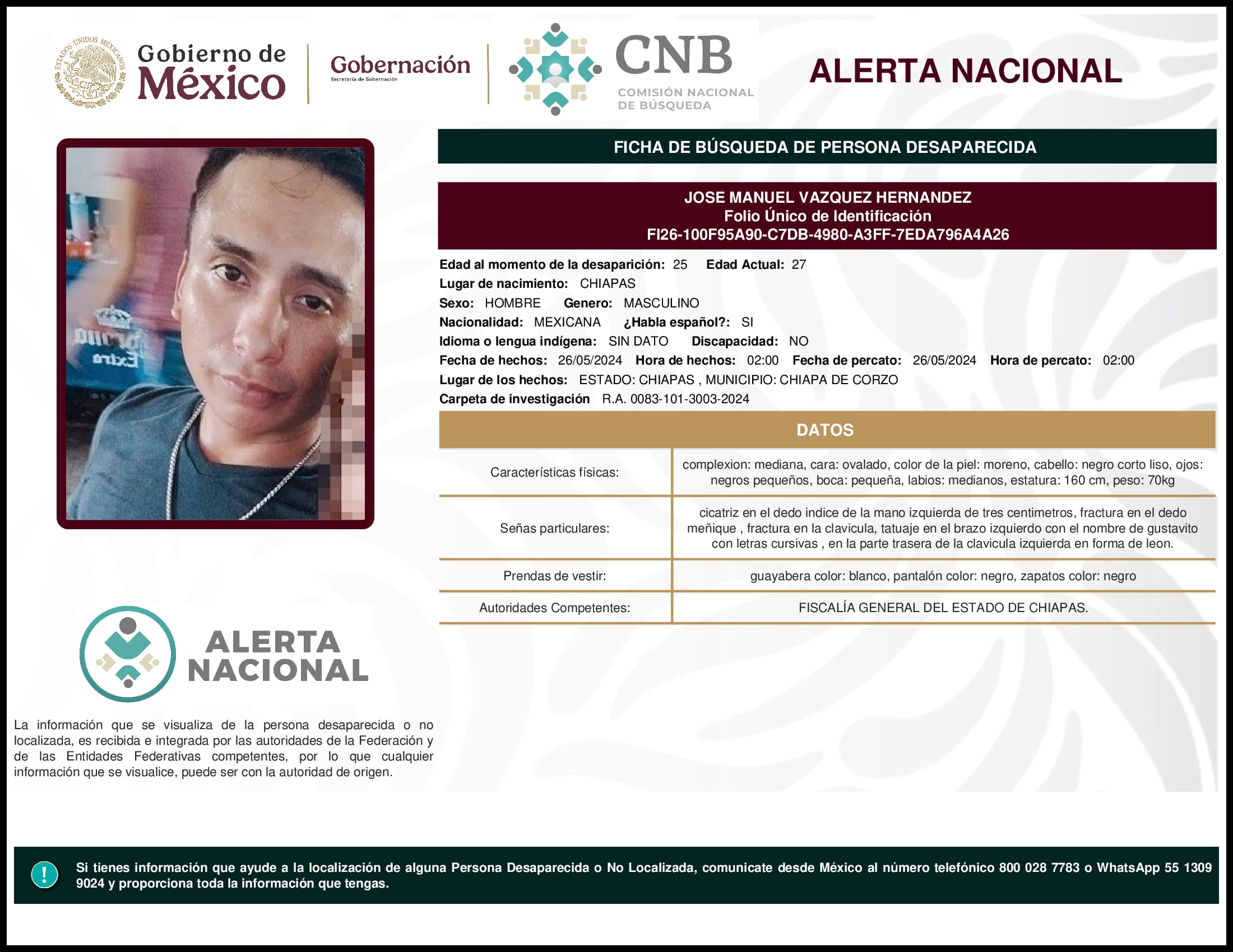 Persona desaparecida Jose Manuel Vazquez Hernandez