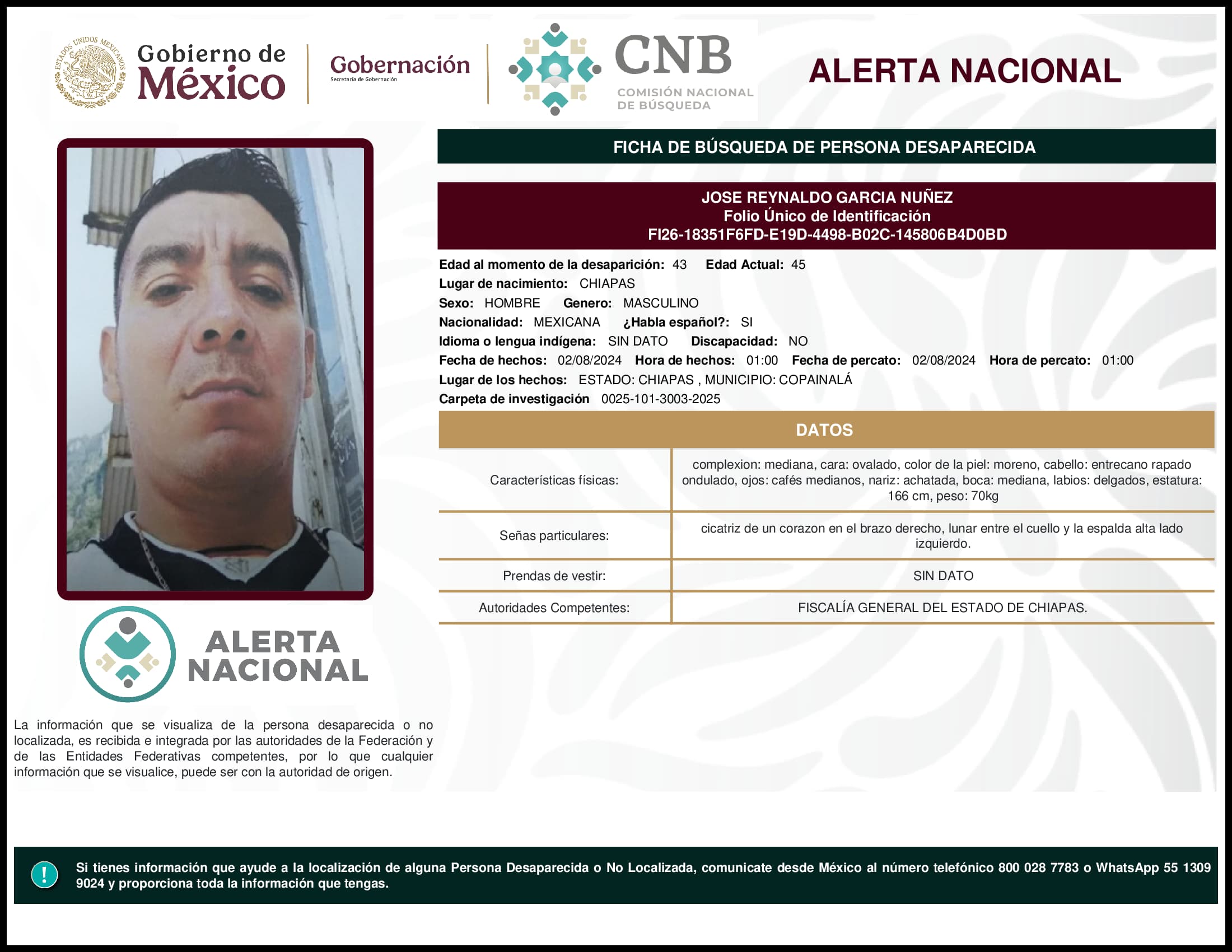 Persona desaparecida Jose Reynaldo Garcia Nunez
