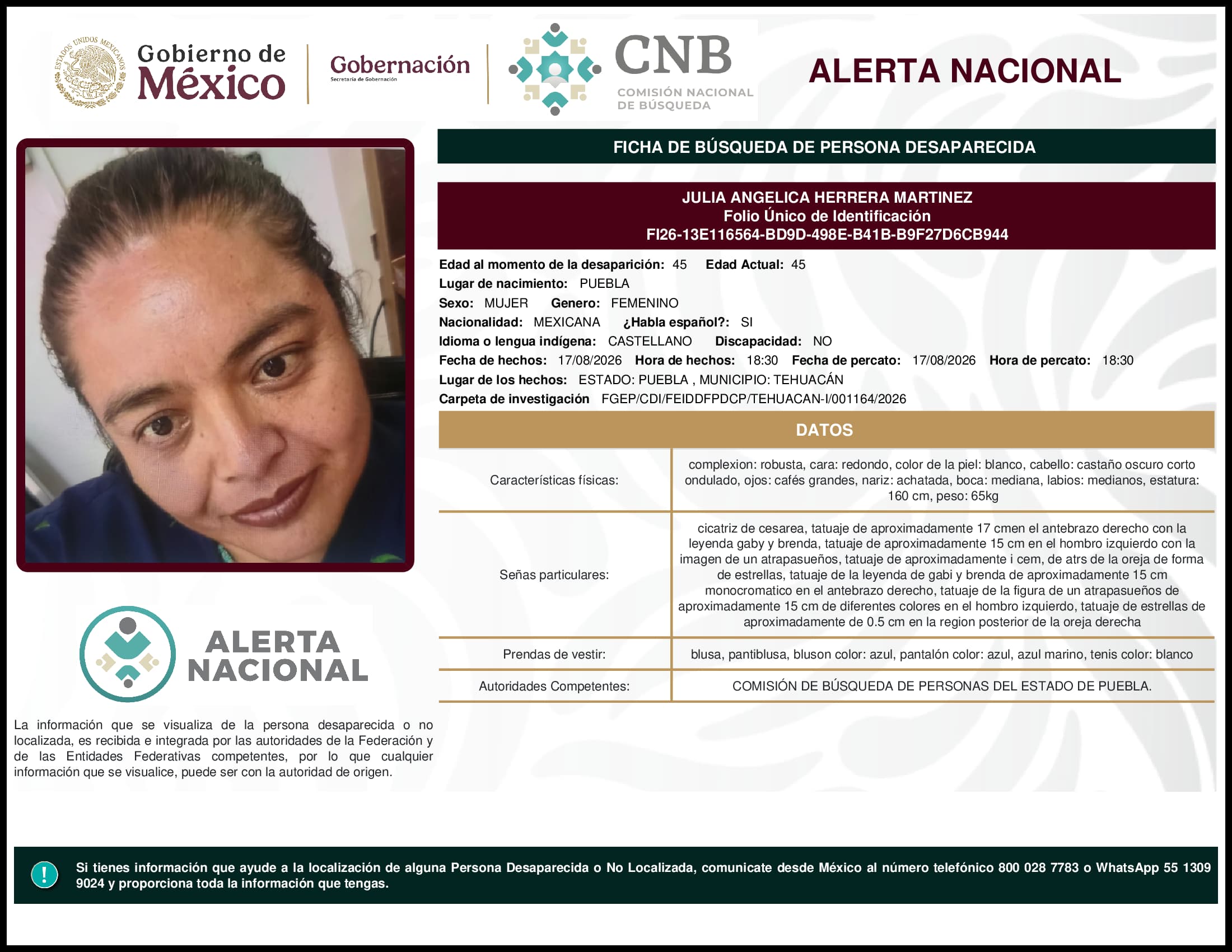 Persona desaparecida Julia Angelica Herrera Martinez