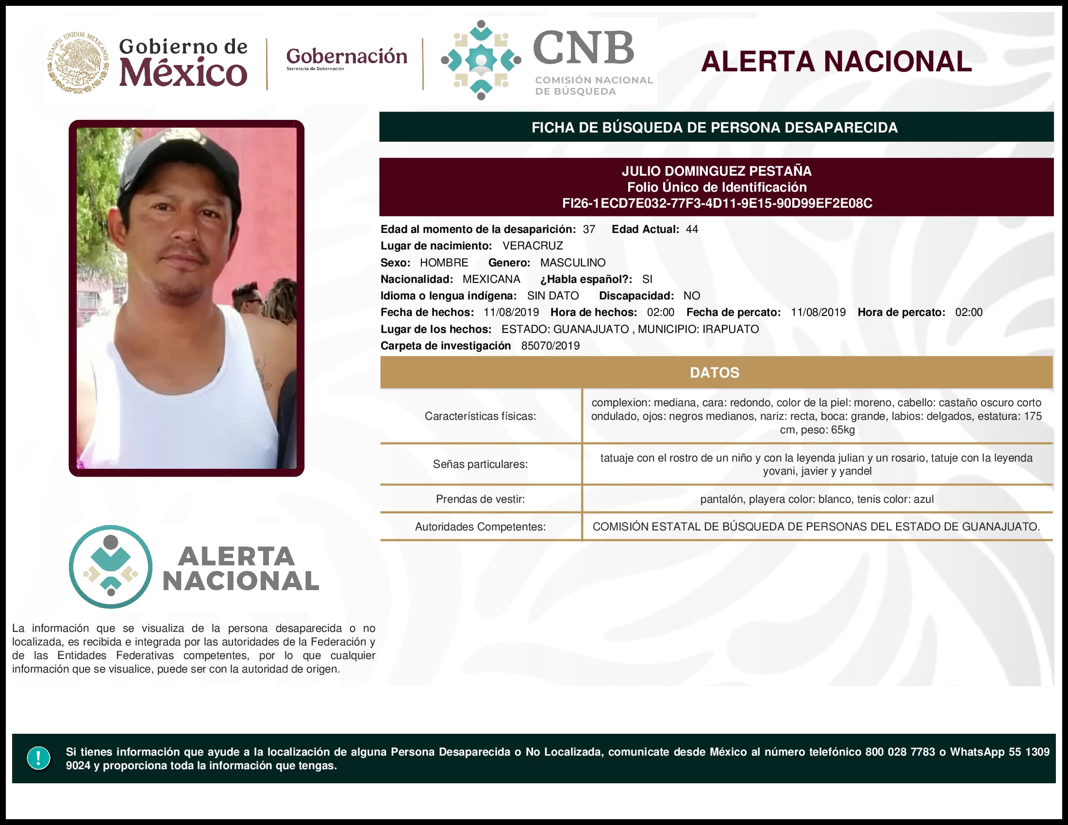 Persona desaparecida Julio Dominguez Pestana