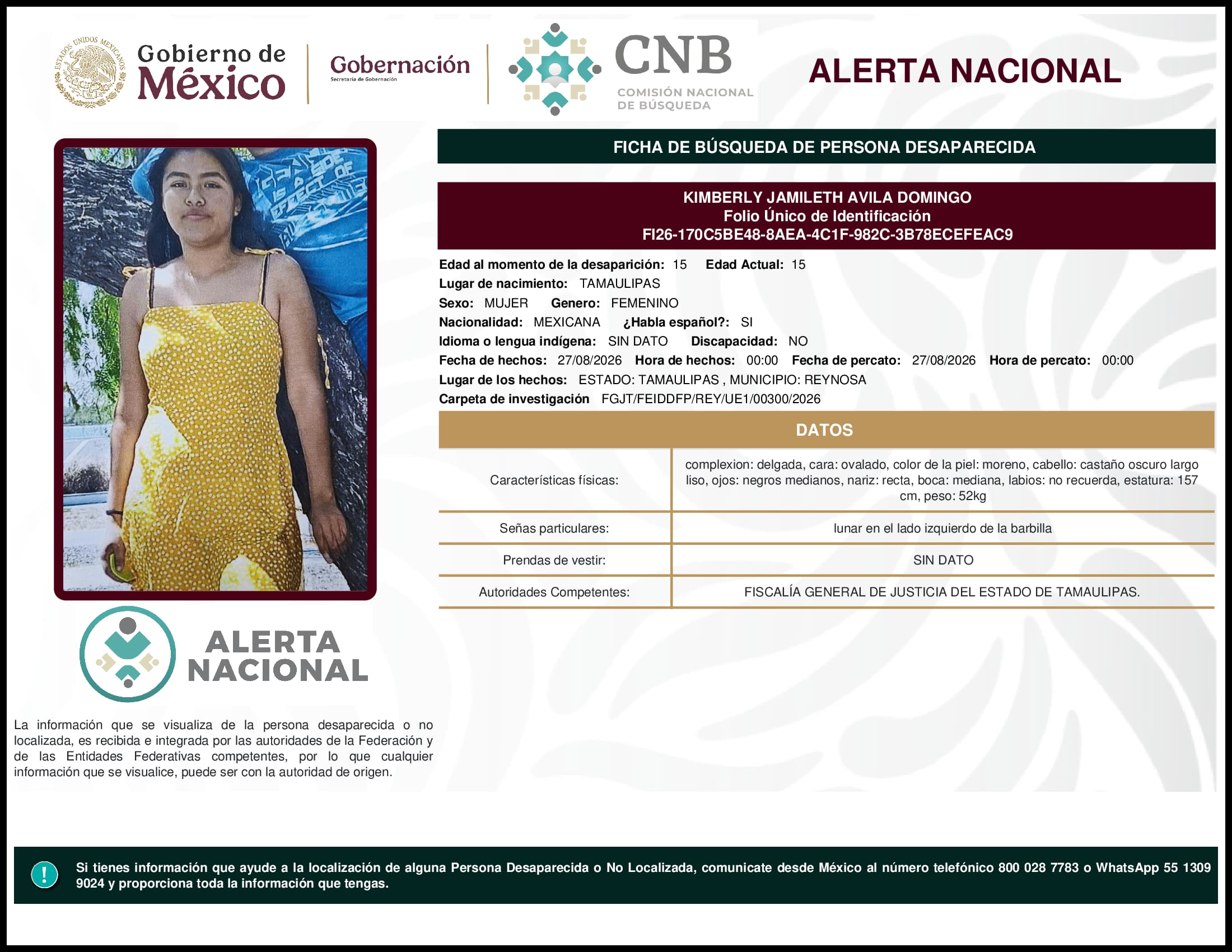 Persona desaparecida Kimberly Jamileth Avila Domingo
