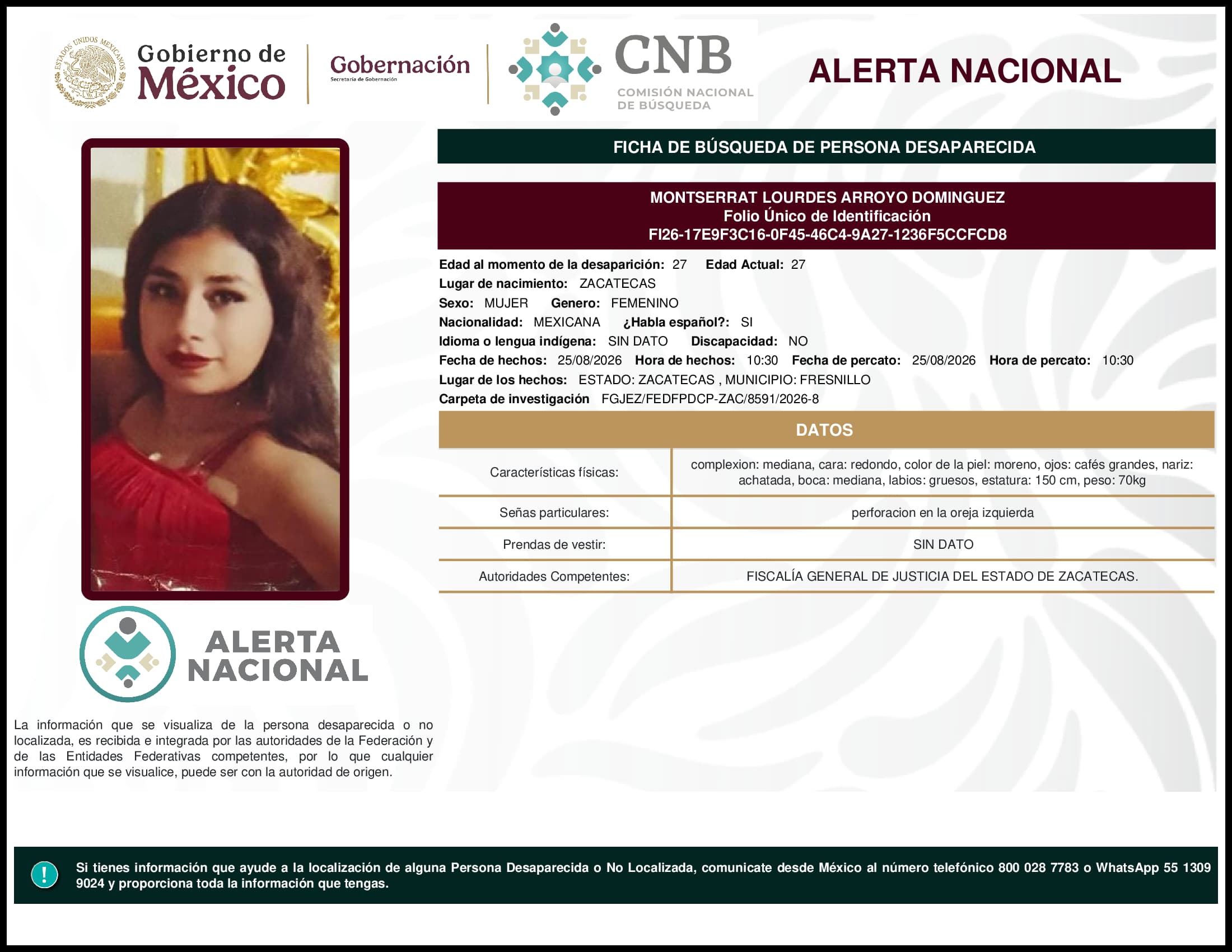 Persona desaparecida Montserrat Lourdes Arroyo Dominguez