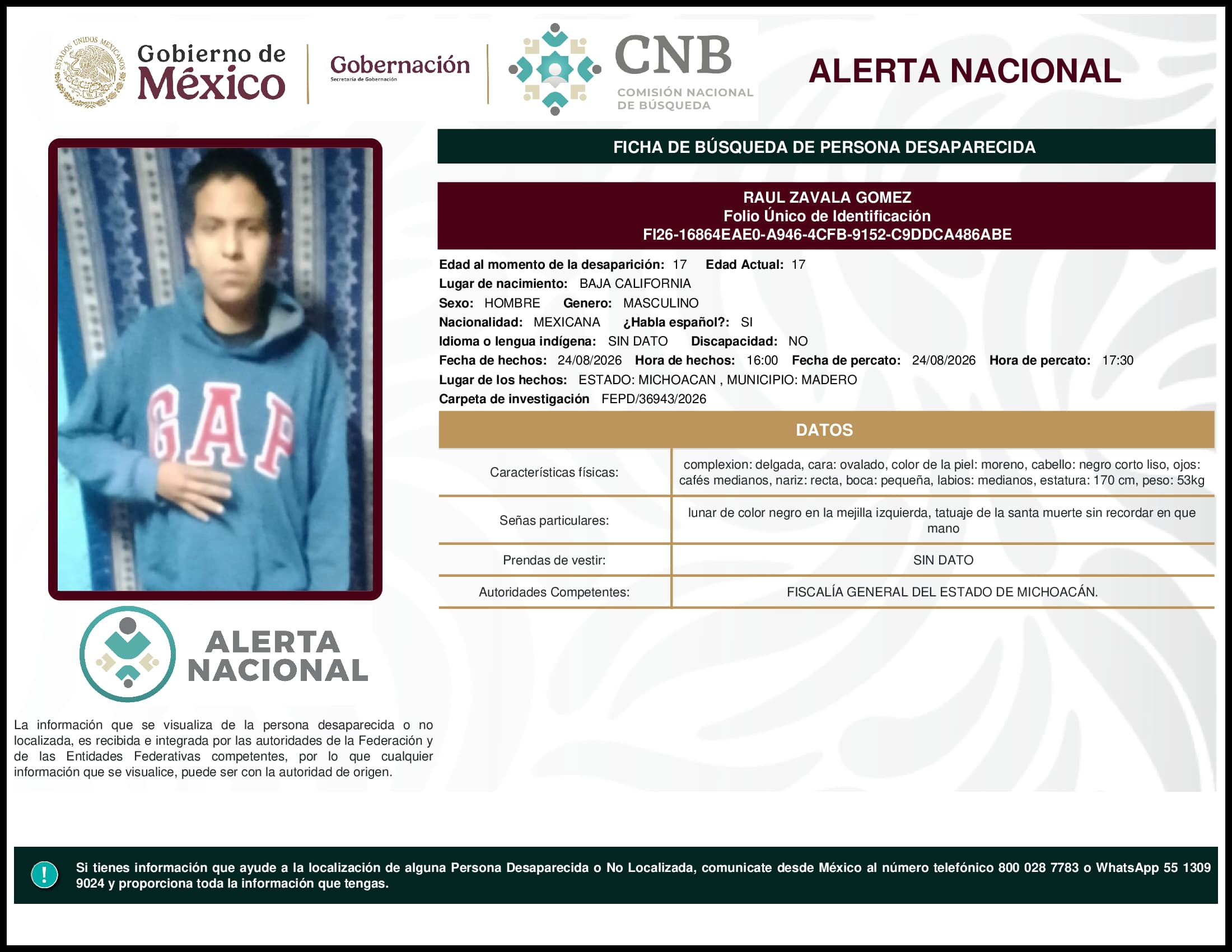 Persona desaparecida Raul Zavala Gomez