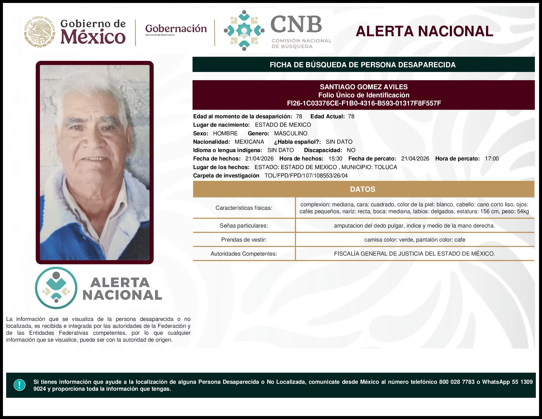 Persona desaparecida Santiago Gomez Aviles