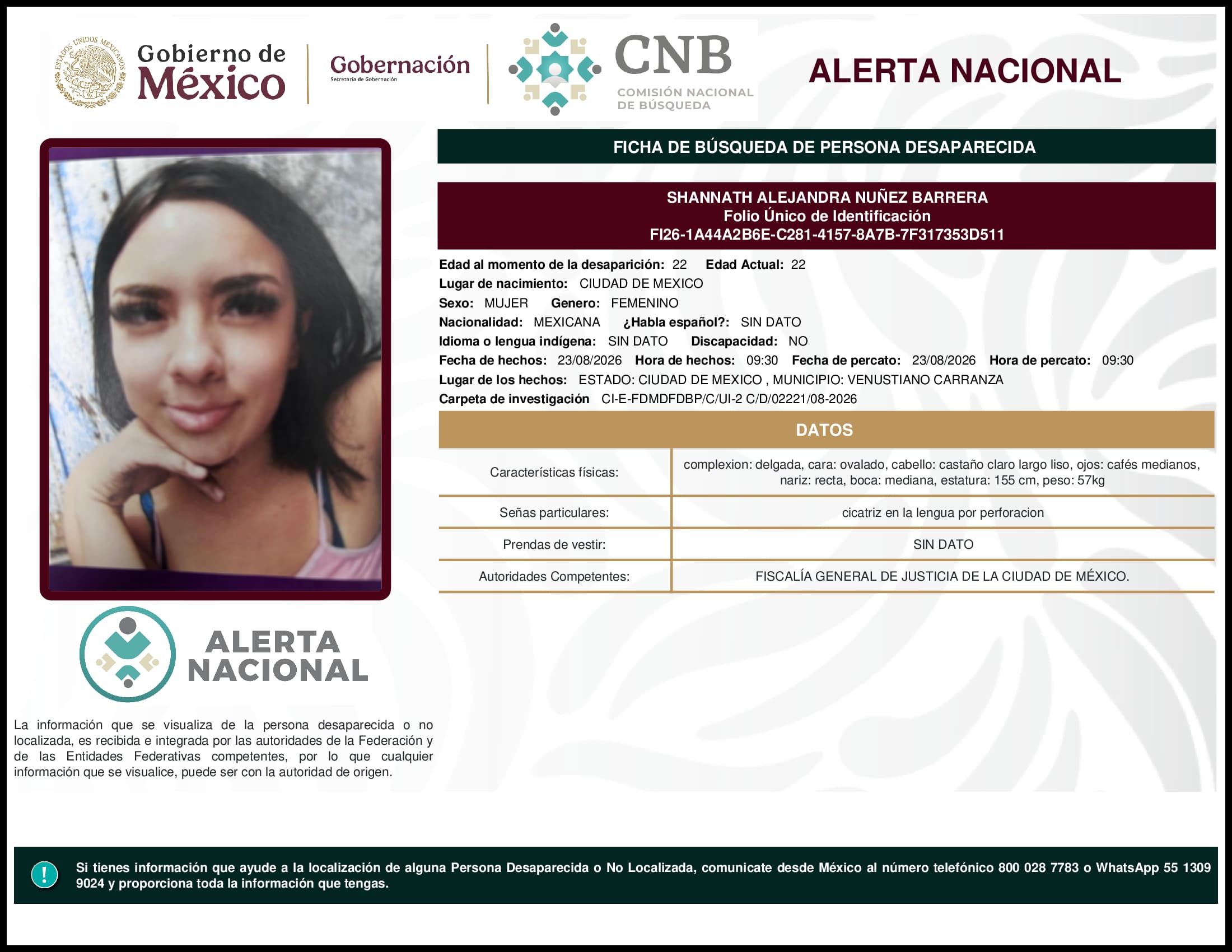 Persona desaparecida Shannath Alejandra Nunez Barrera