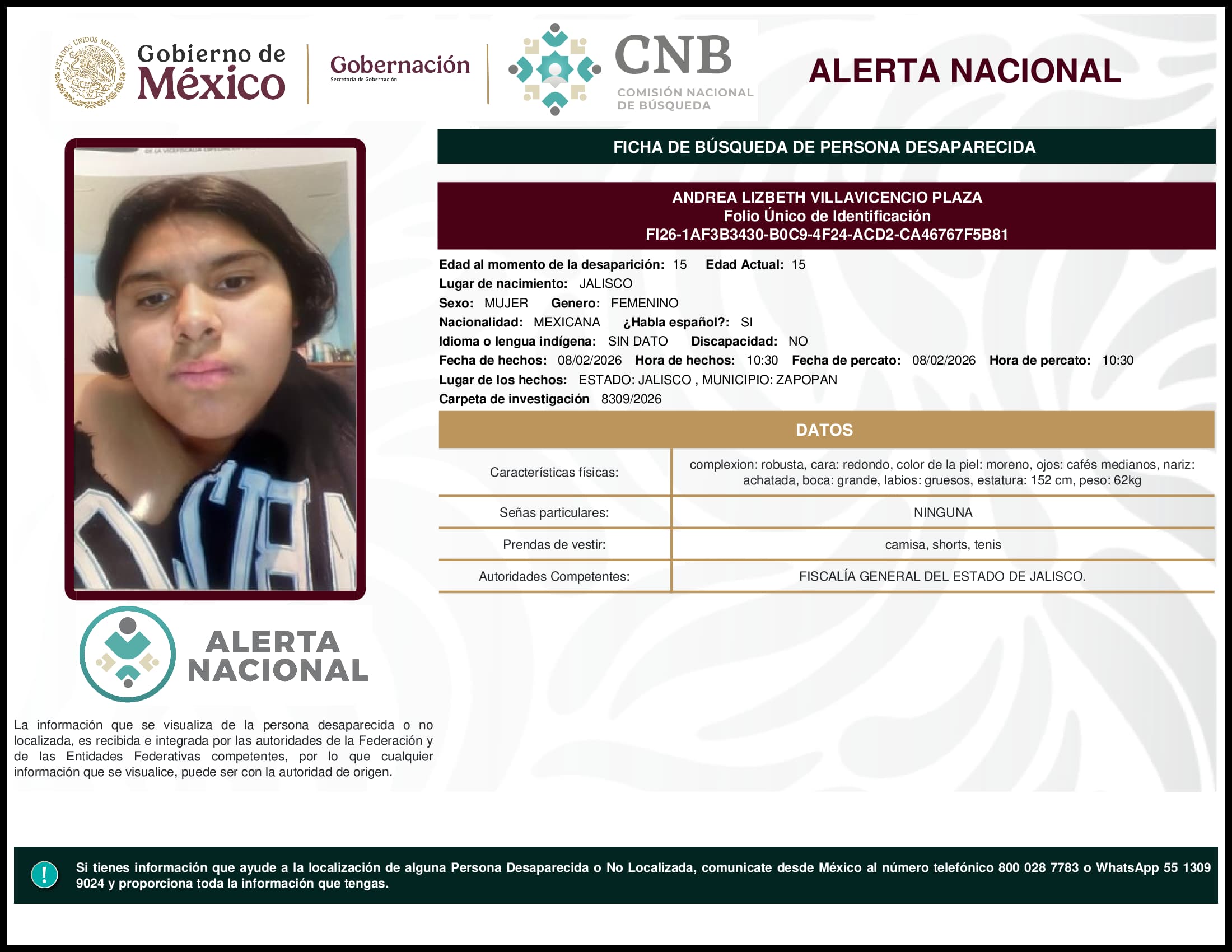 Persona desaparecida Andrea Lizbeth Villavicencio Plaza