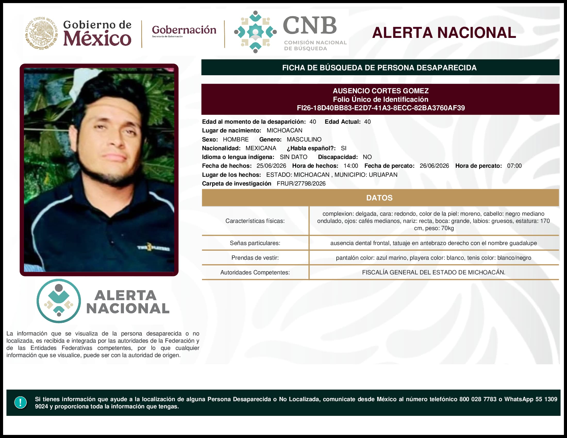 Persona desaparecida Ausencio Cortes Gomez