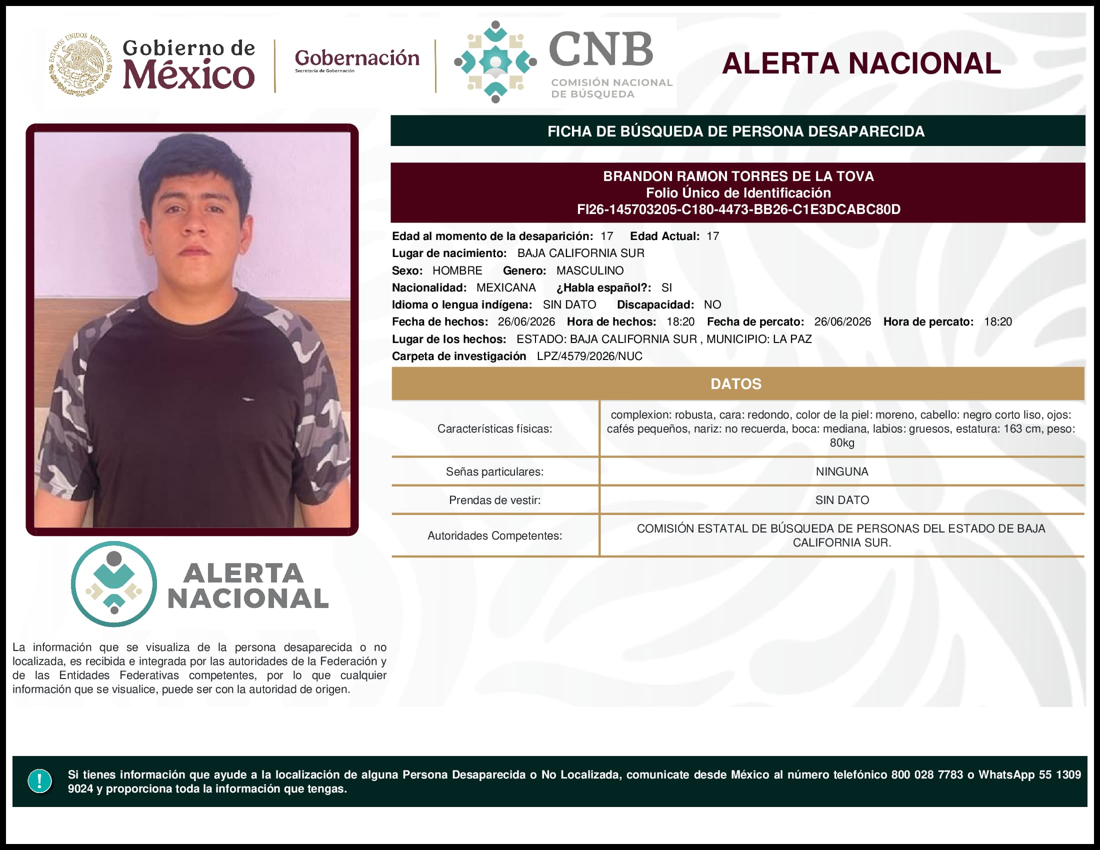 Persona desaparecida Brandon Ramon Torres De La Tova