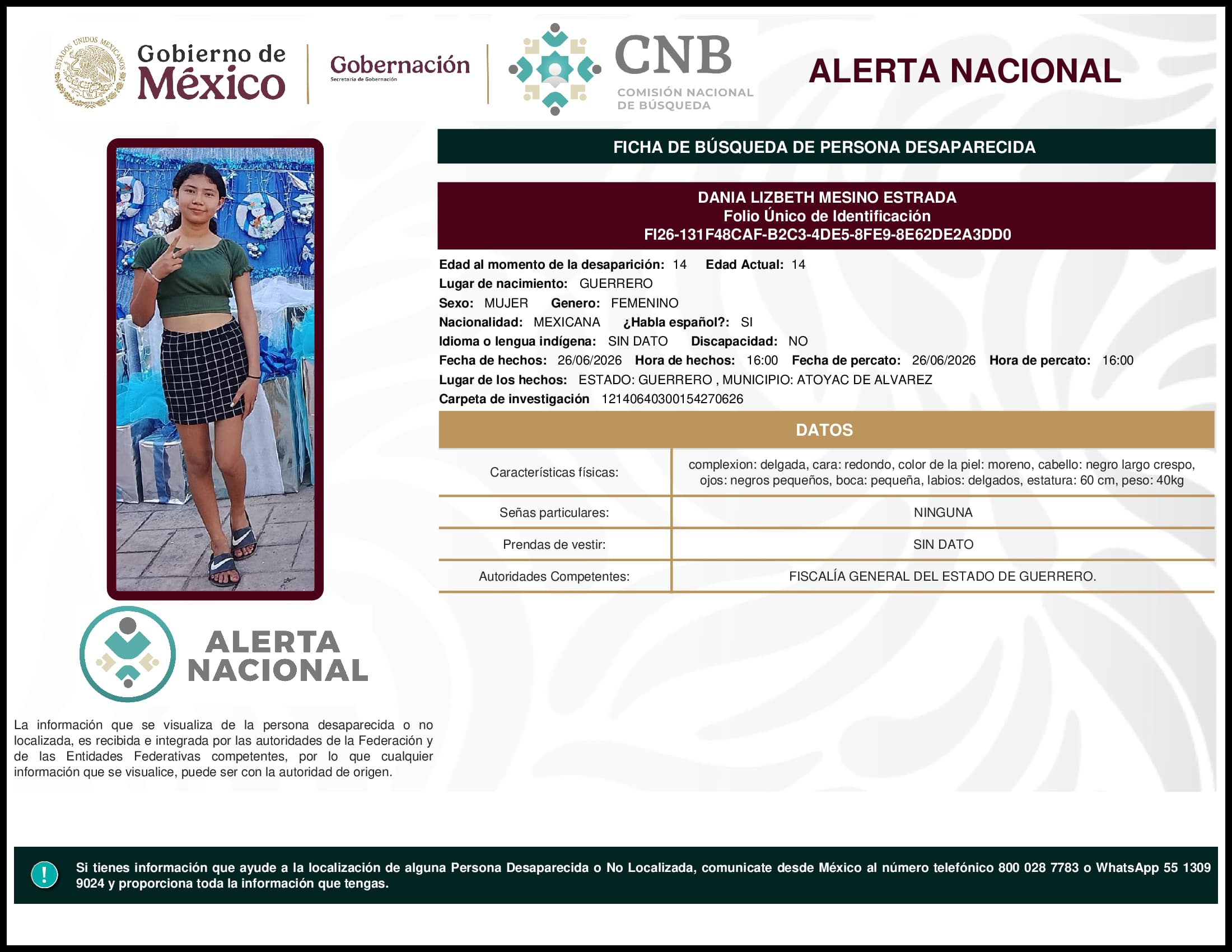 Persona desaparecida Dania Lizbeth Mesino Estrada