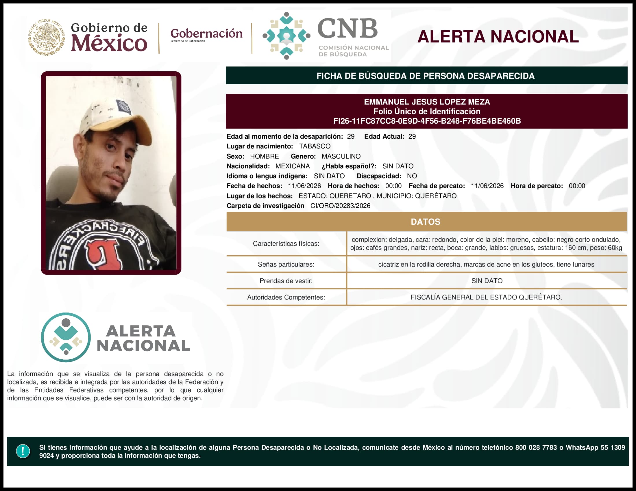 Persona desaparecida Emmanuel Jesus Lopez Meza