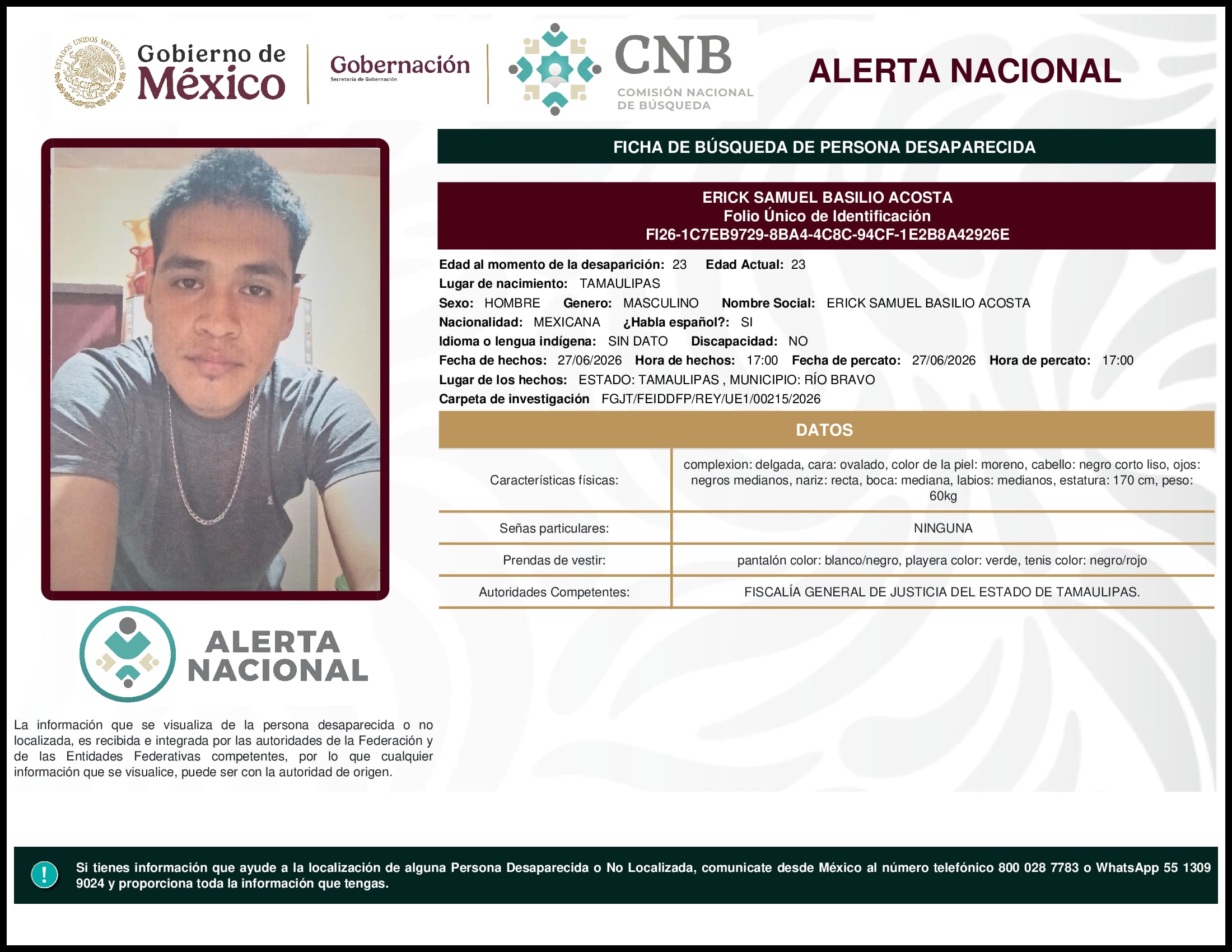 Persona desaparecida Erick Samuel Basilio Acosta