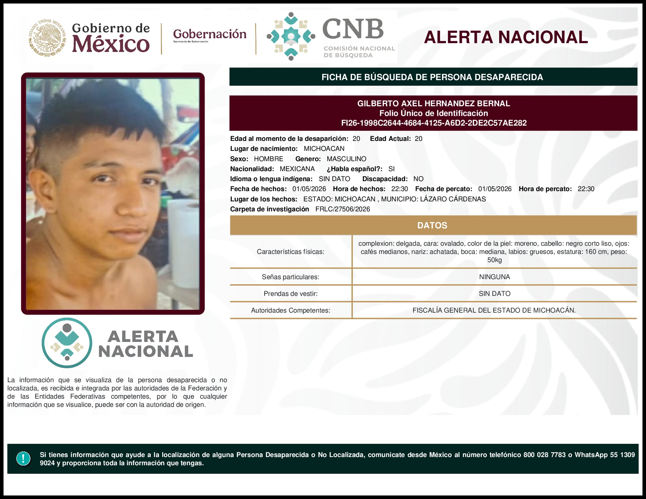 Persona desaparecida Gilberto Axel Hernandez Bernal