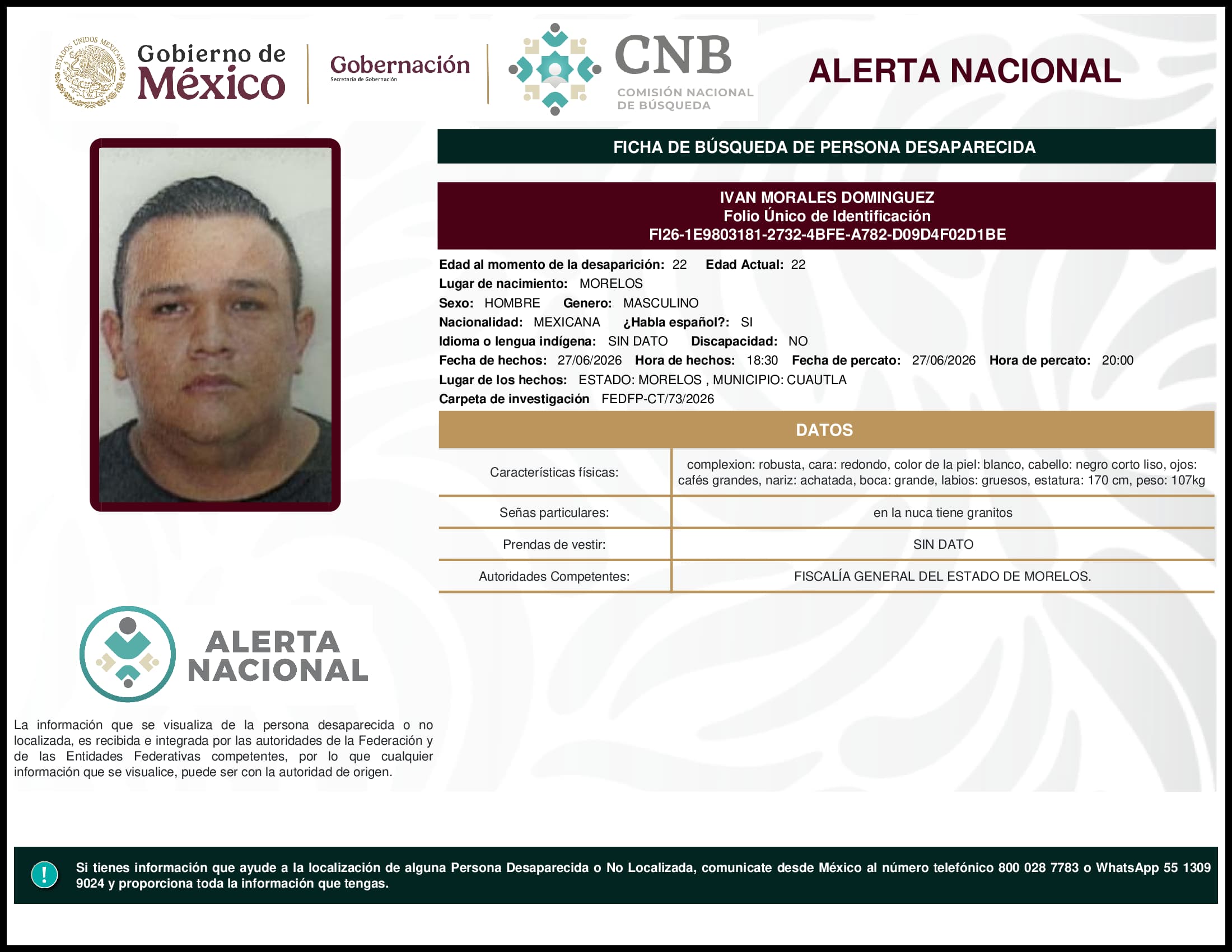 Persona desaparecida Ivan Morales Dominguez