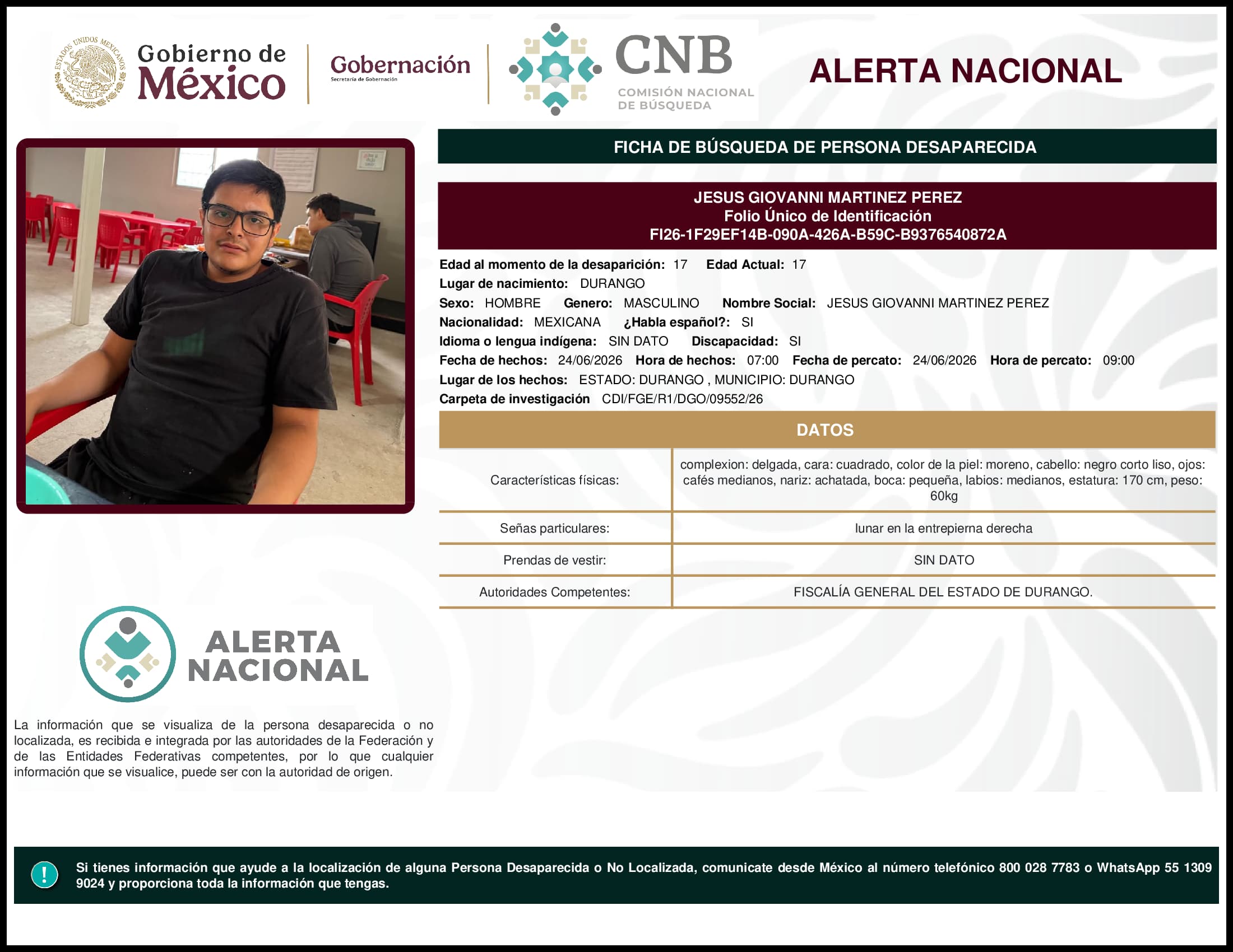Persona desaparecida Jesus Giovanni Martinez Perez