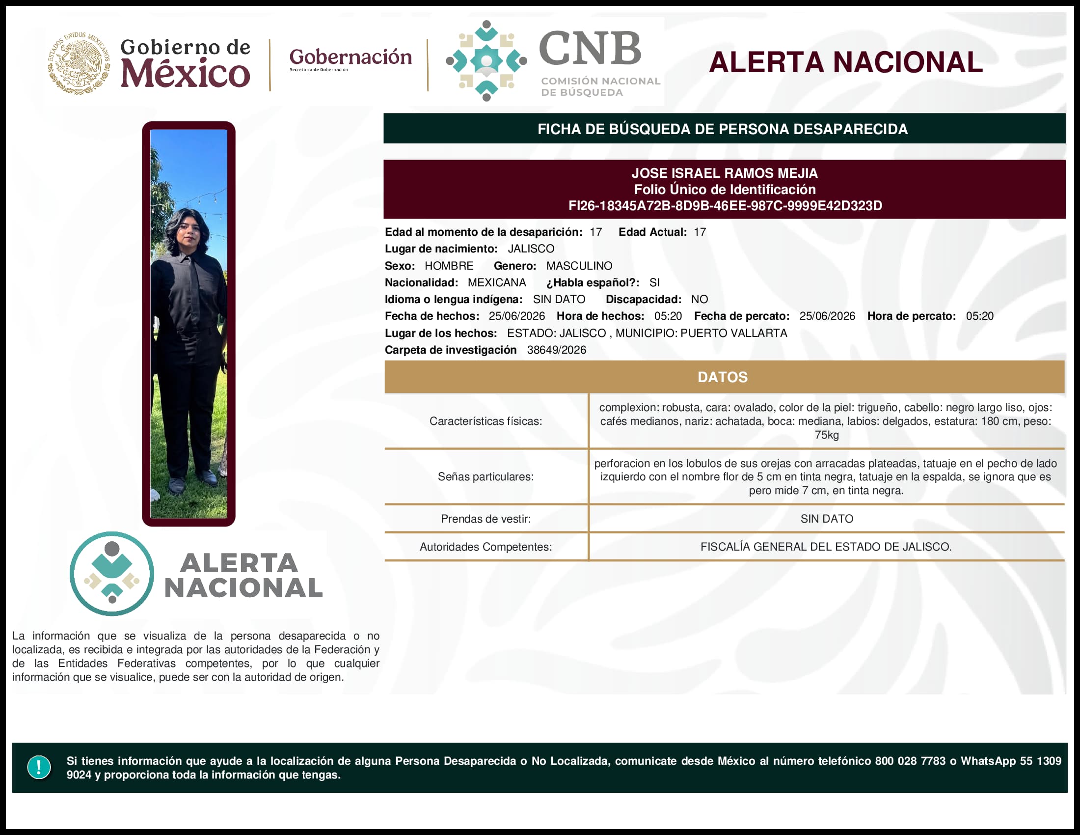 Persona desaparecida Jose Israel Ramos Mejia