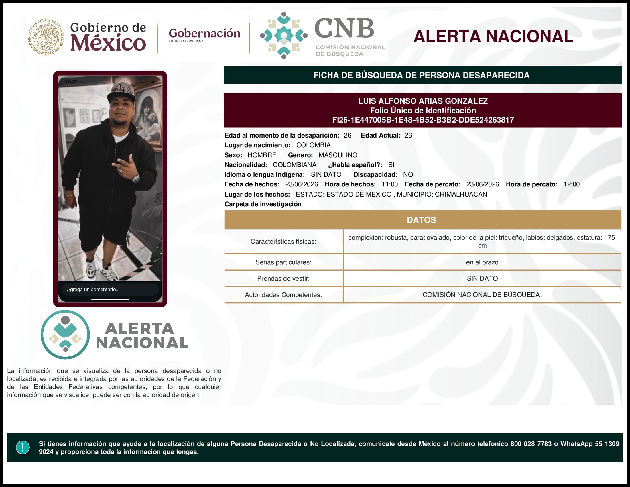 Persona desaparecida Luis Alfonso Arias Gonzalez