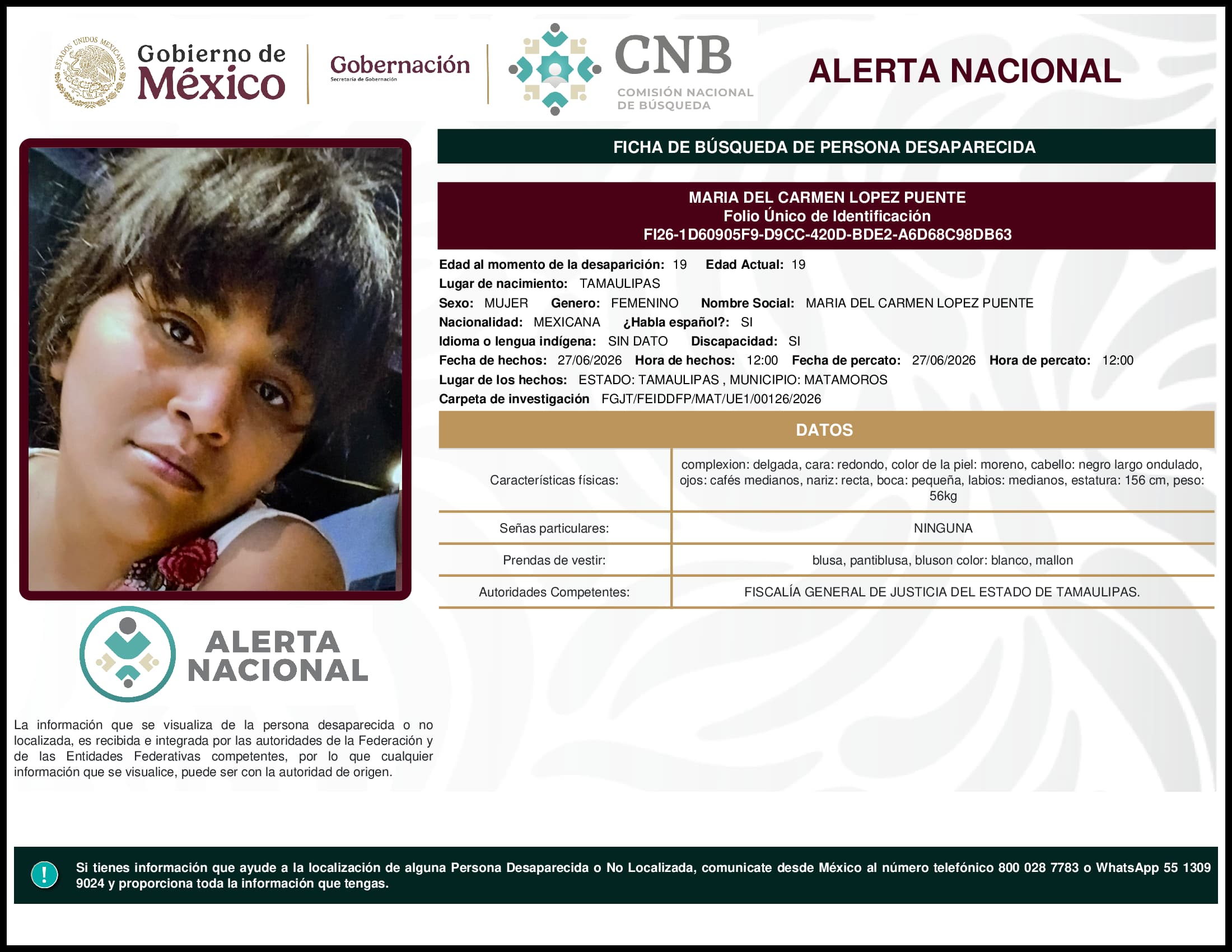 Persona desaparecida Maria Del Carmen Lopez Puente