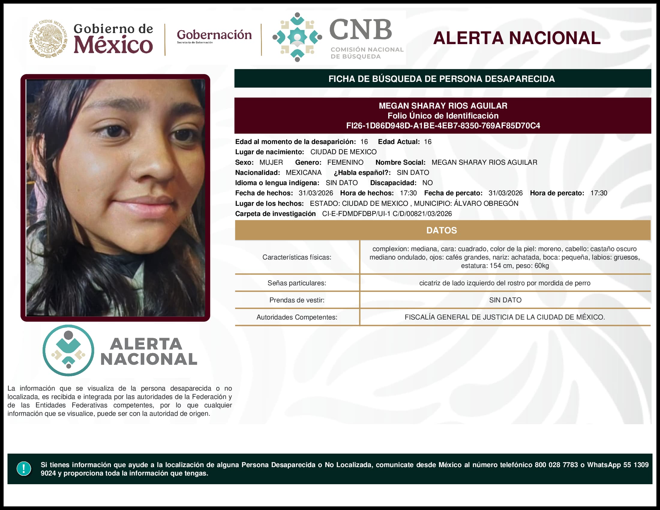 Persona desaparecida Megan Sharay Rios Aguilar