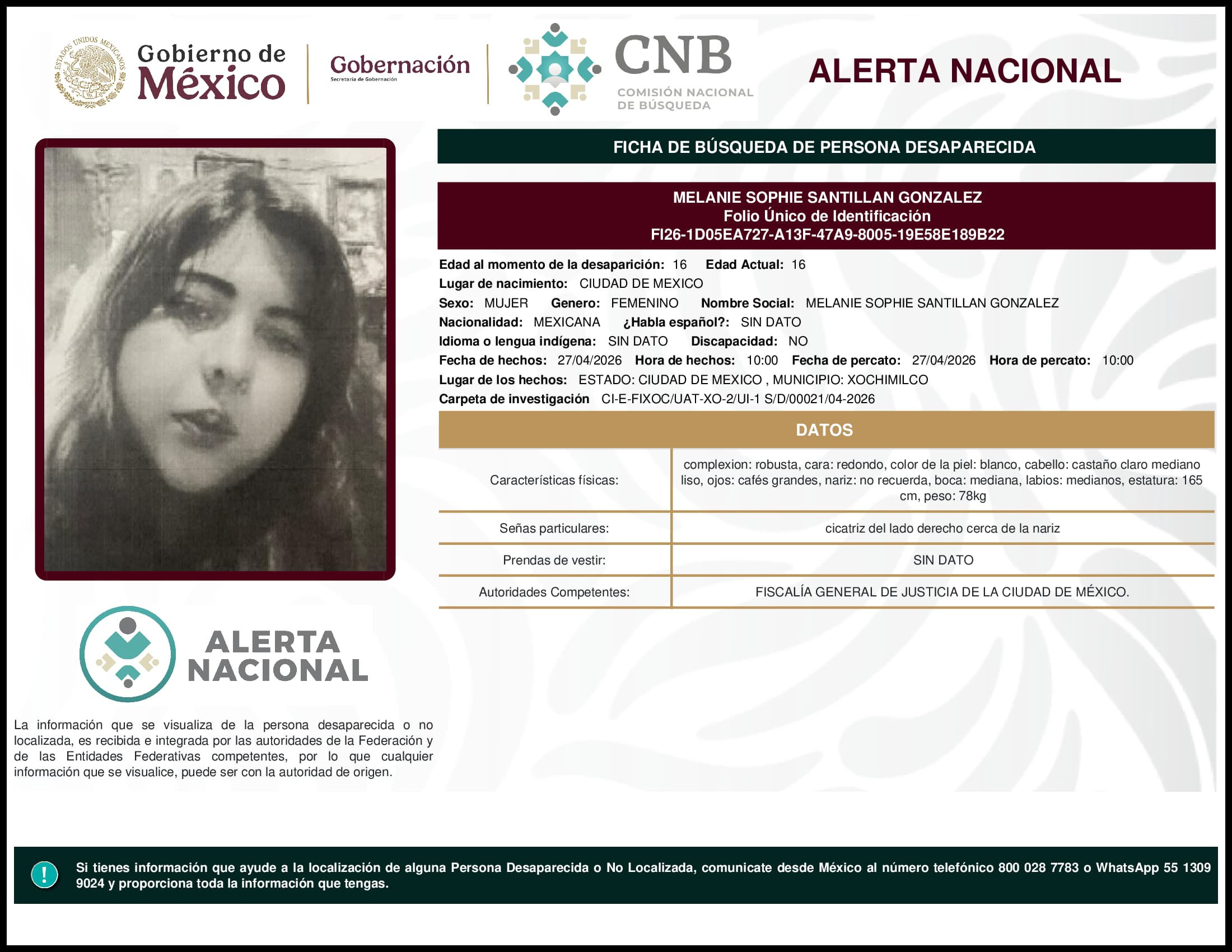Persona desaparecida Melanie Sophie Santillan Gonzalez