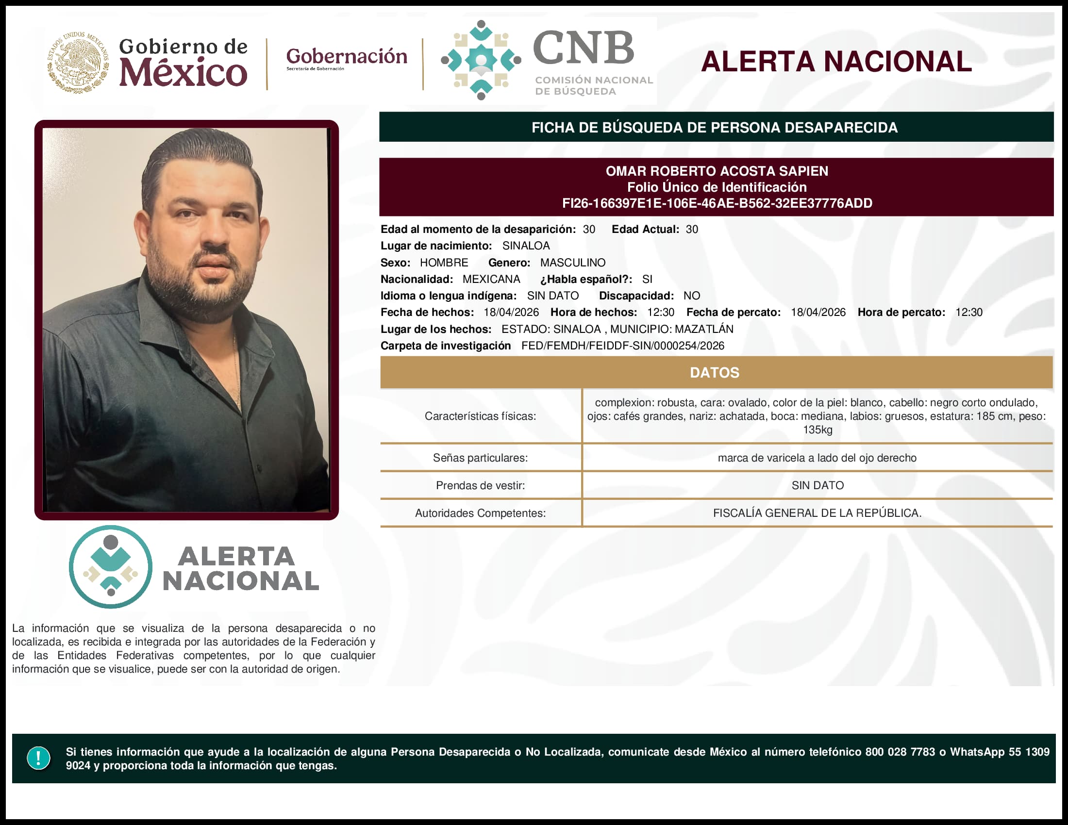 Persona desaparecida Omar Roberto Acosta Sapien