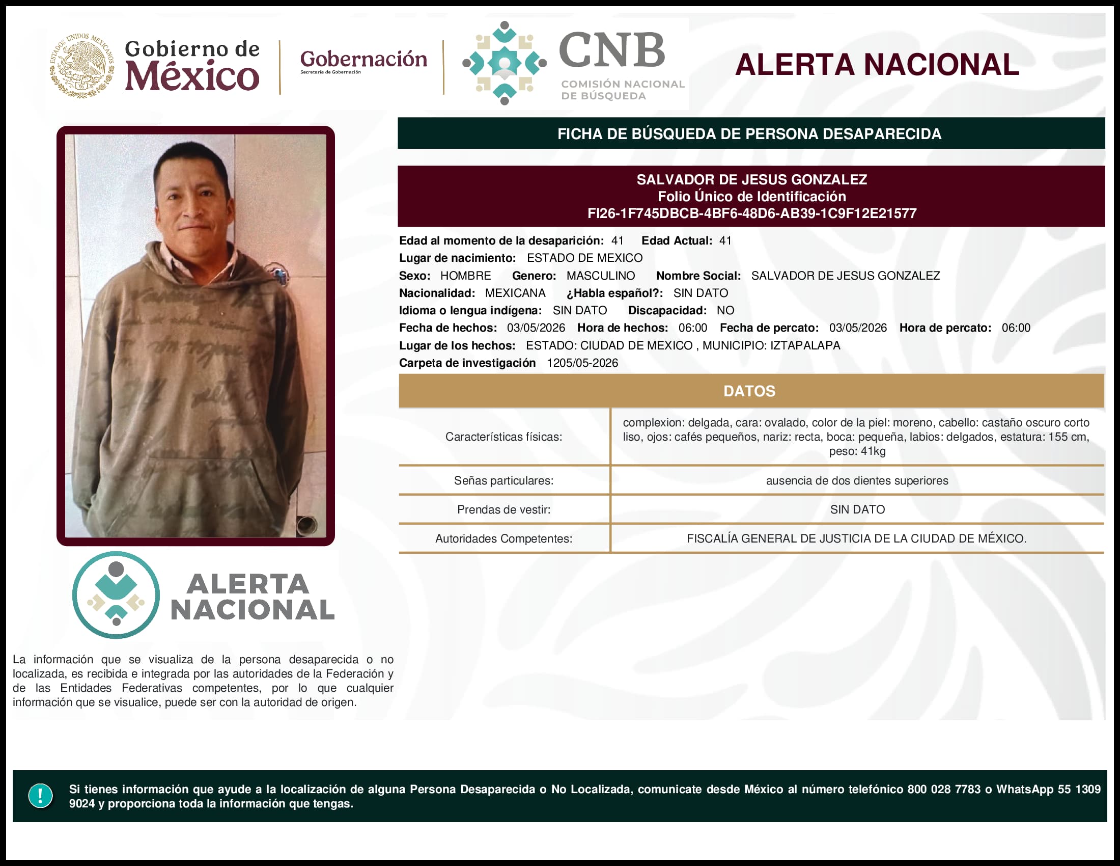 Persona desaparecida Salvador De Jesus Gonzalez