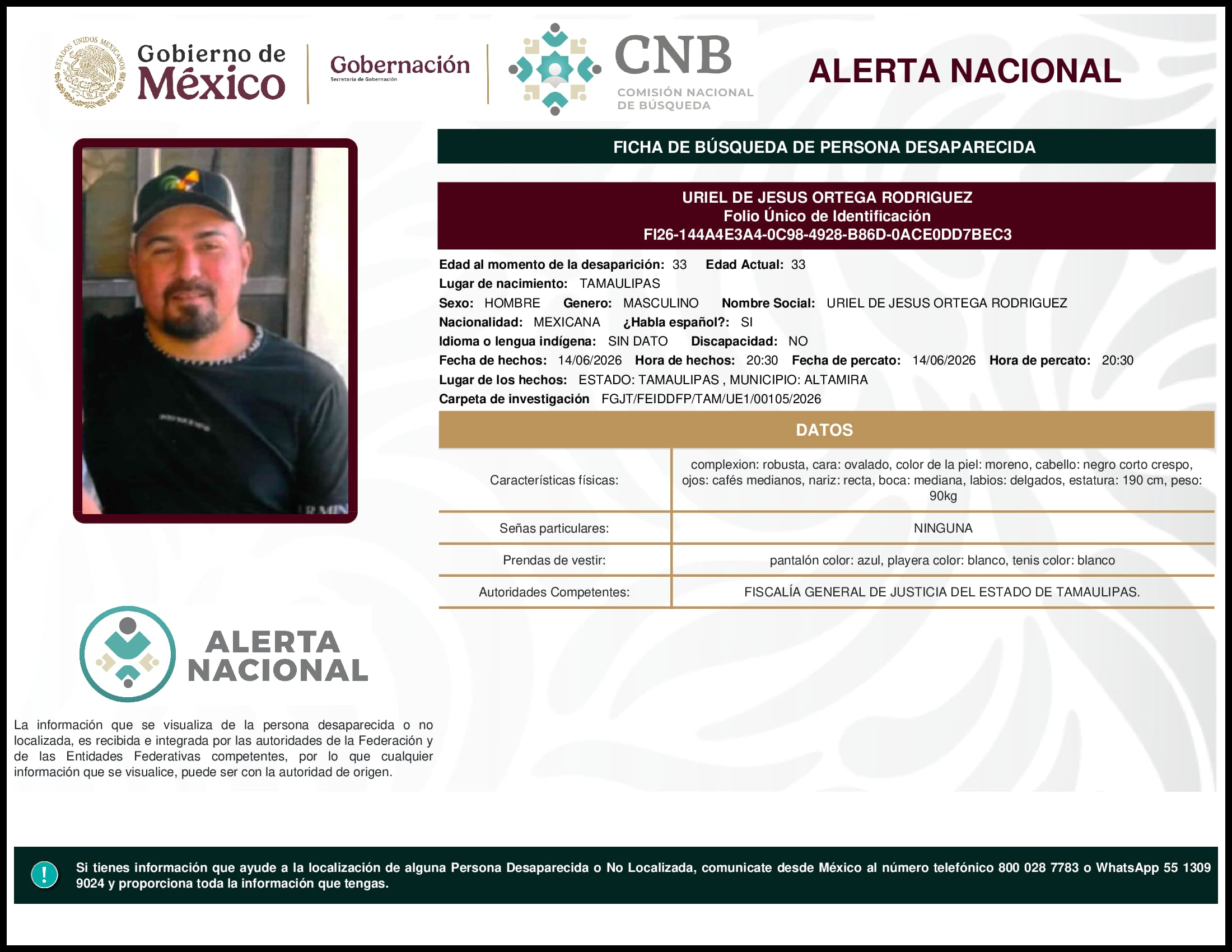 Persona desaparecida Uriel De Jesus Ortega Rodriguez