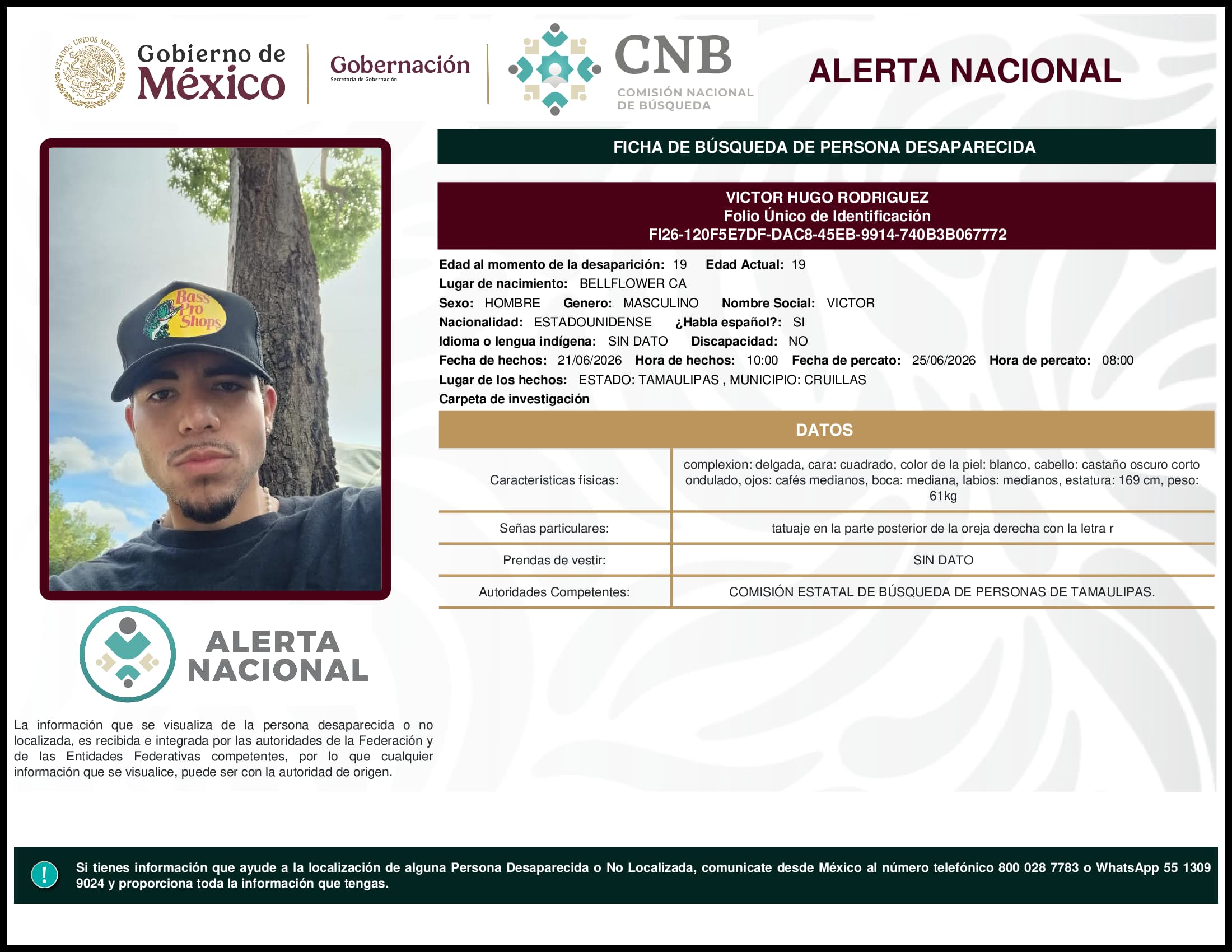 Persona desaparecida Victor Hugo Rodriguez