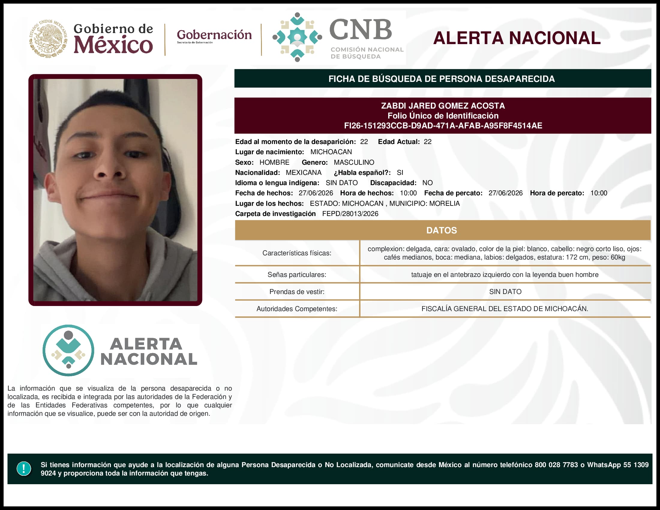 Persona desaparecida Zabdi Jared Gomez Acosta
