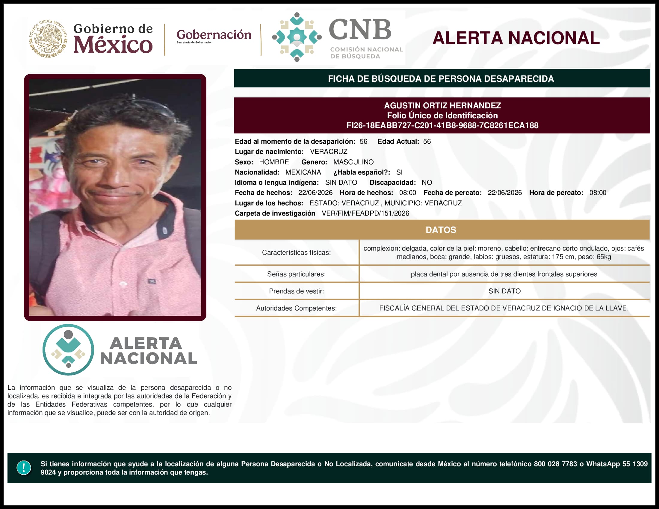 Persona desaparecida Agustin Ortiz Hernandez