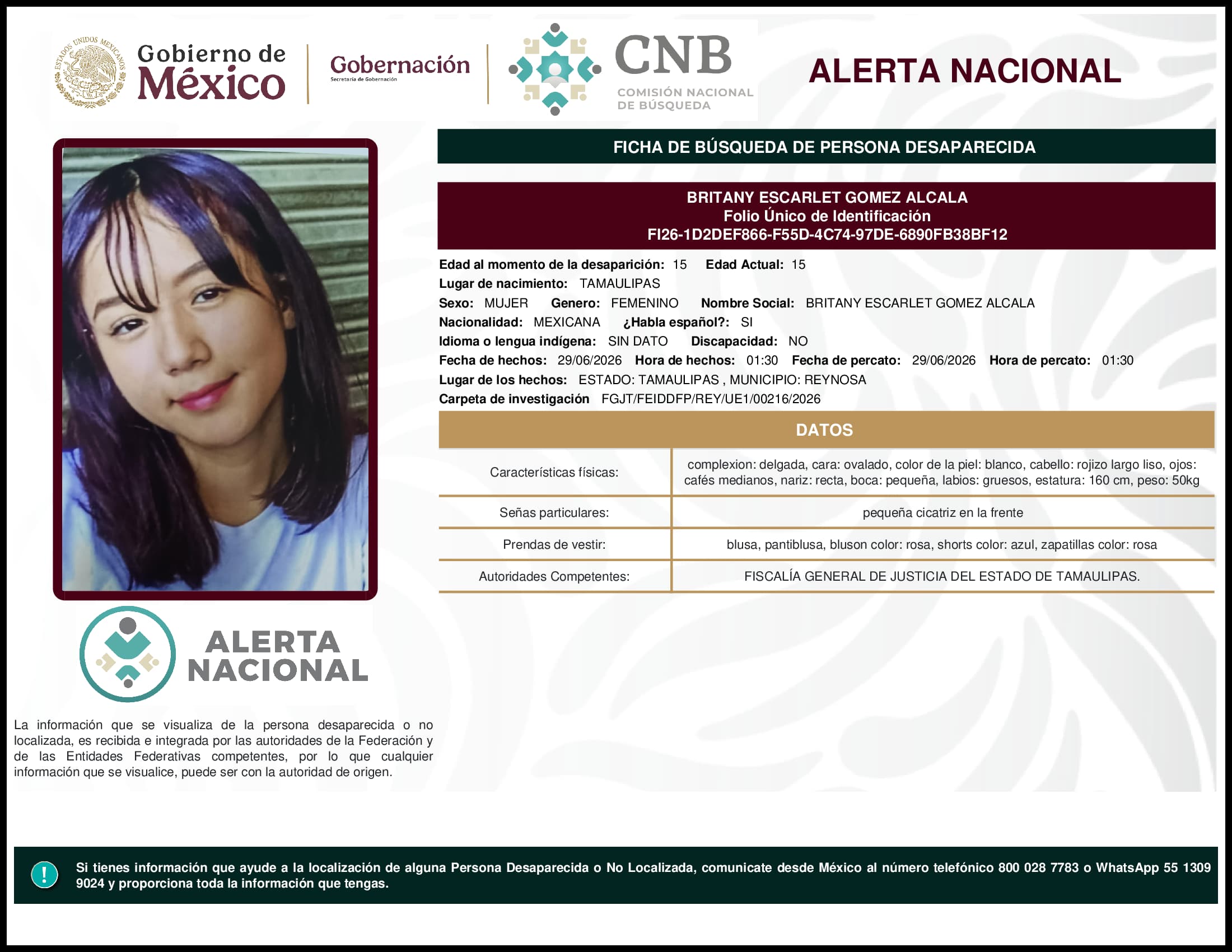 Persona desaparecida Britany Escarlet Gomez Alcala