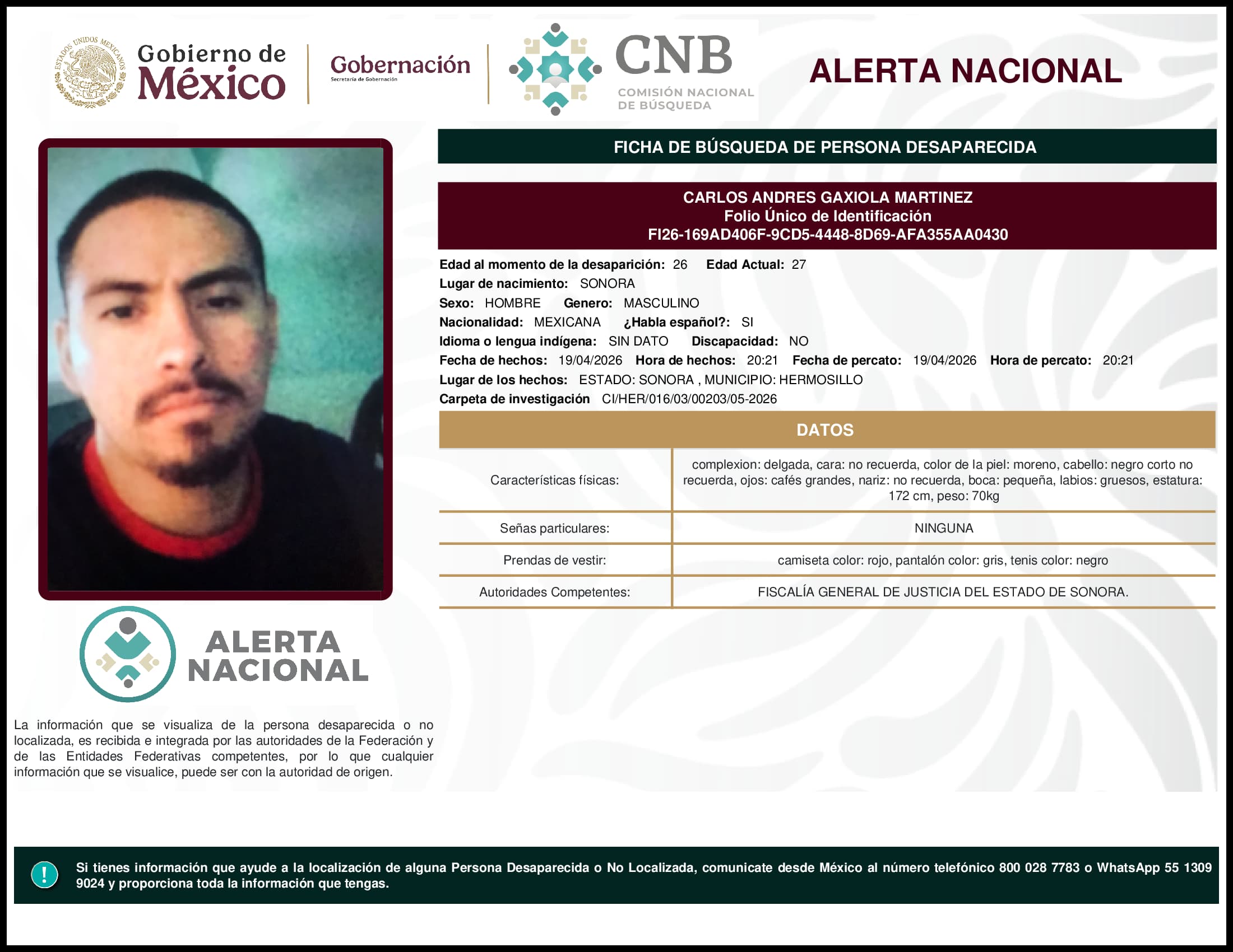 Persona desaparecida Carlos Andres Gaxiola Martinez