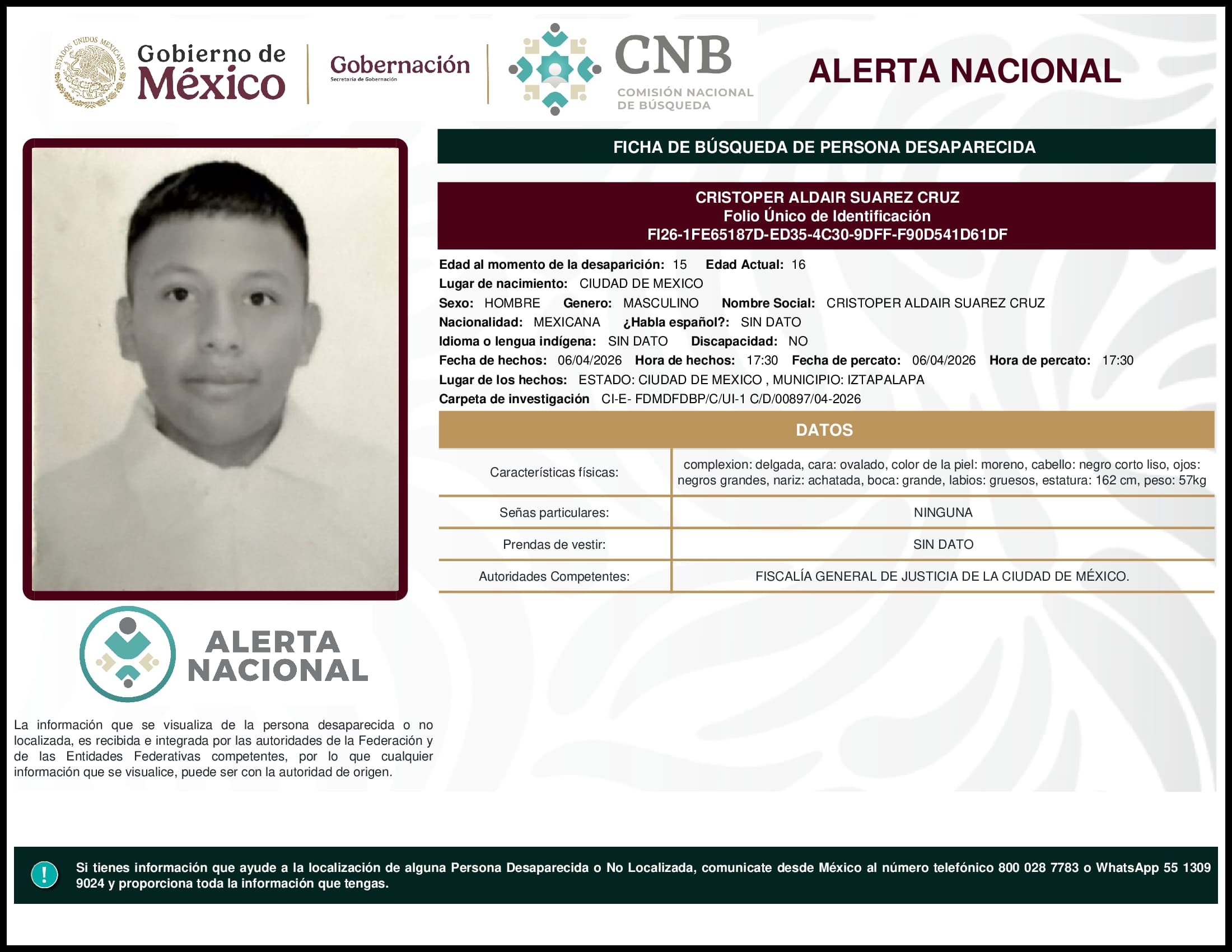 Persona desaparecida Cristoper Aldair Suarez Cruz