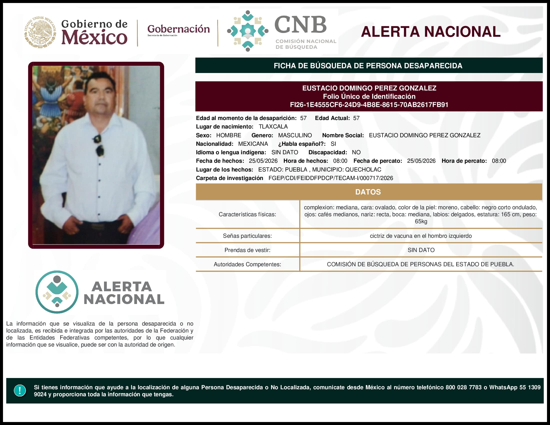 Persona desaparecida Eustacio Domingo Perez Gonzalez
