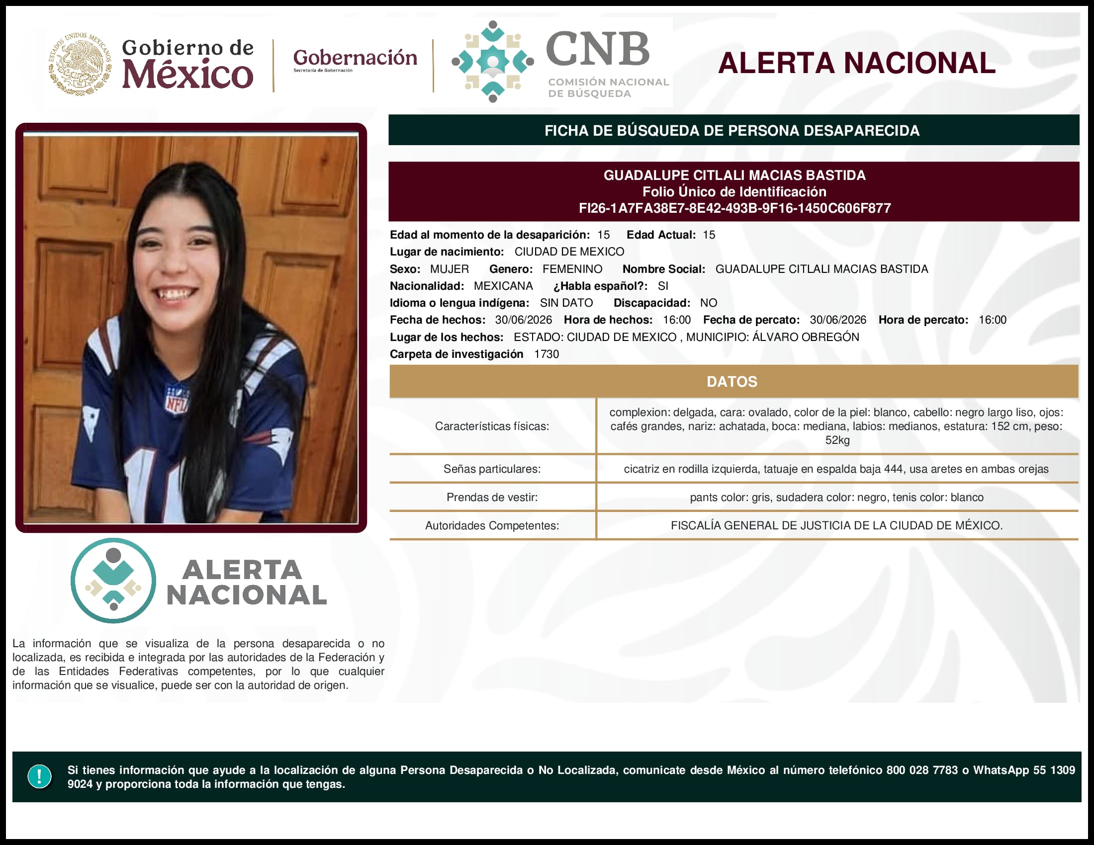 Persona desaparecida Guadalupe Citlali Macias Bastida