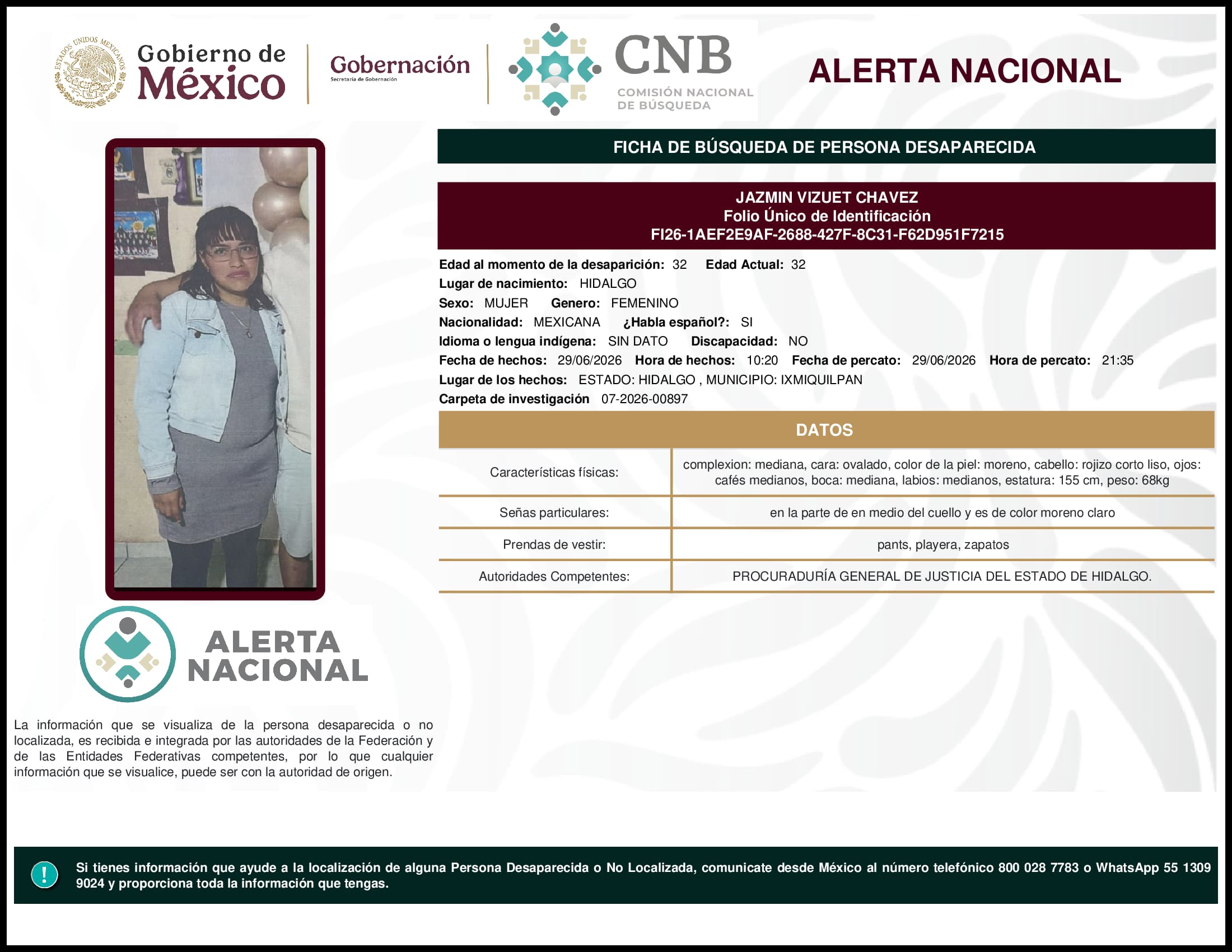 Persona desaparecida Jazmin Vizuet Chavez