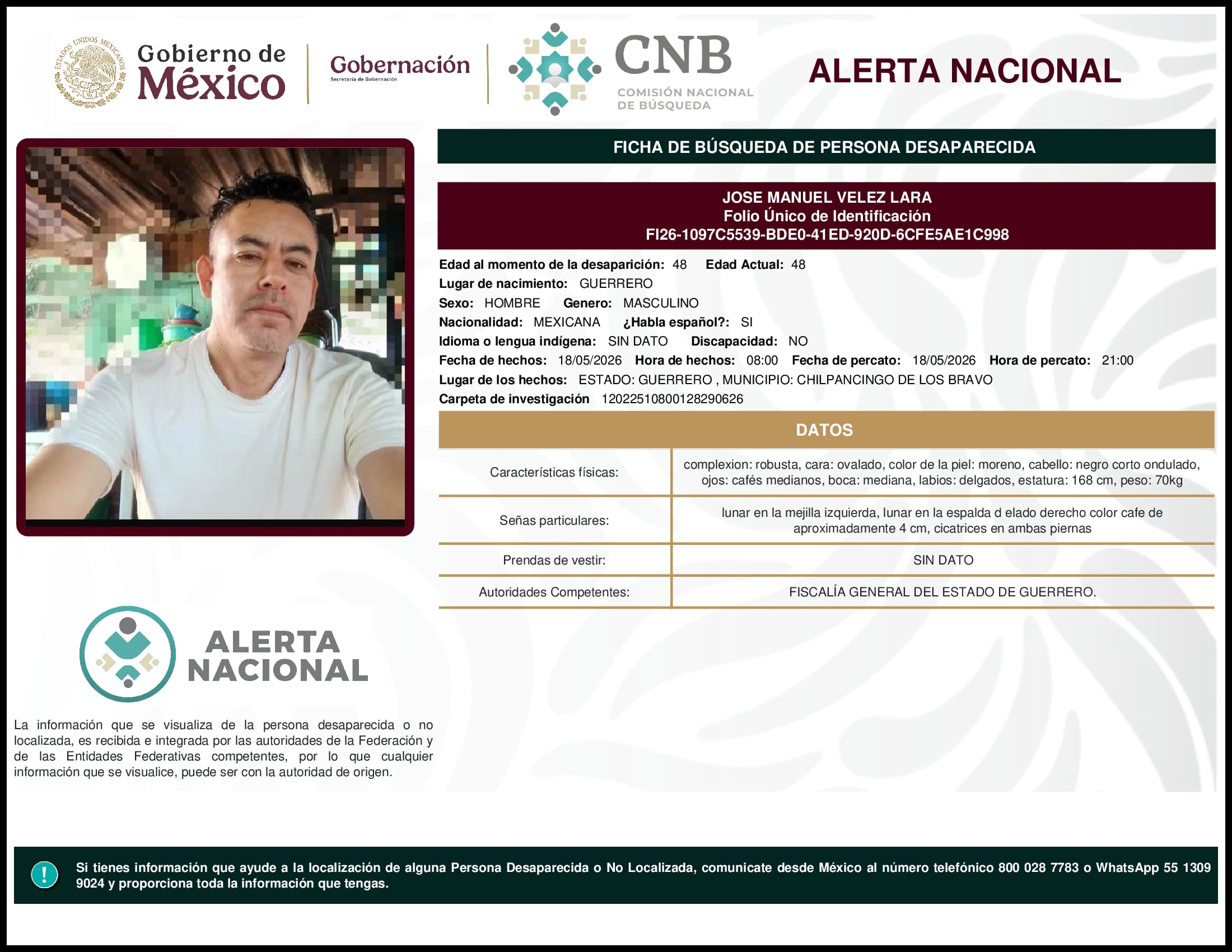 Persona desaparecida Jose Manuel Velez Lara