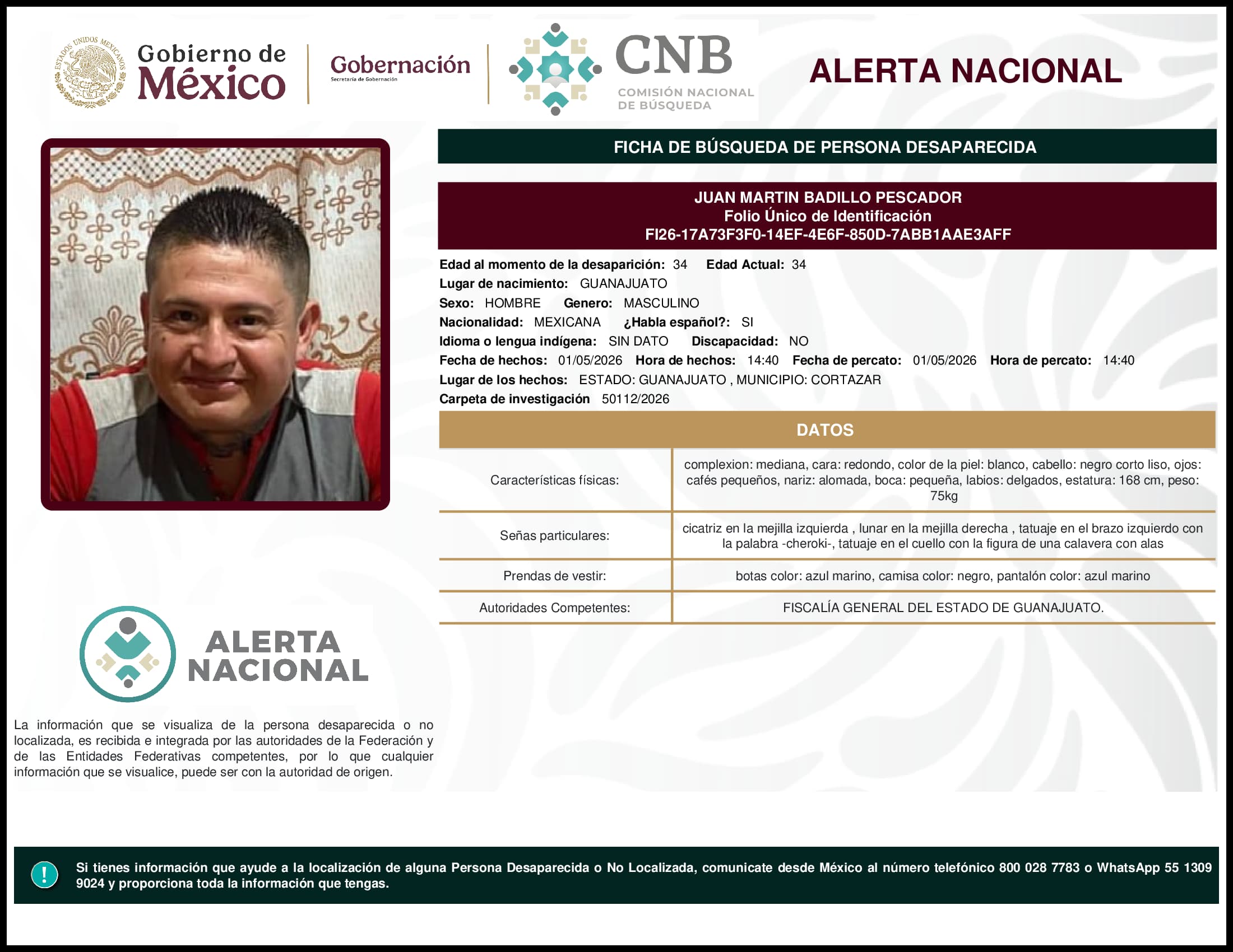 Persona desaparecida Juan Martin Badillo Pescador