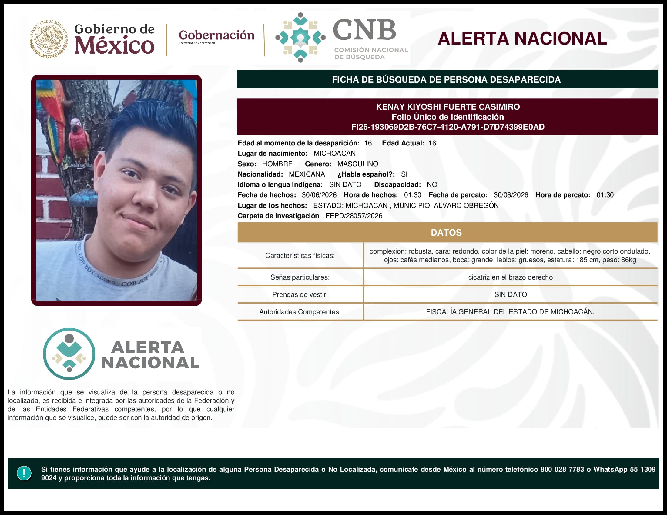 Persona desaparecida Kenay Kiyoshi Fuerte Casimiro