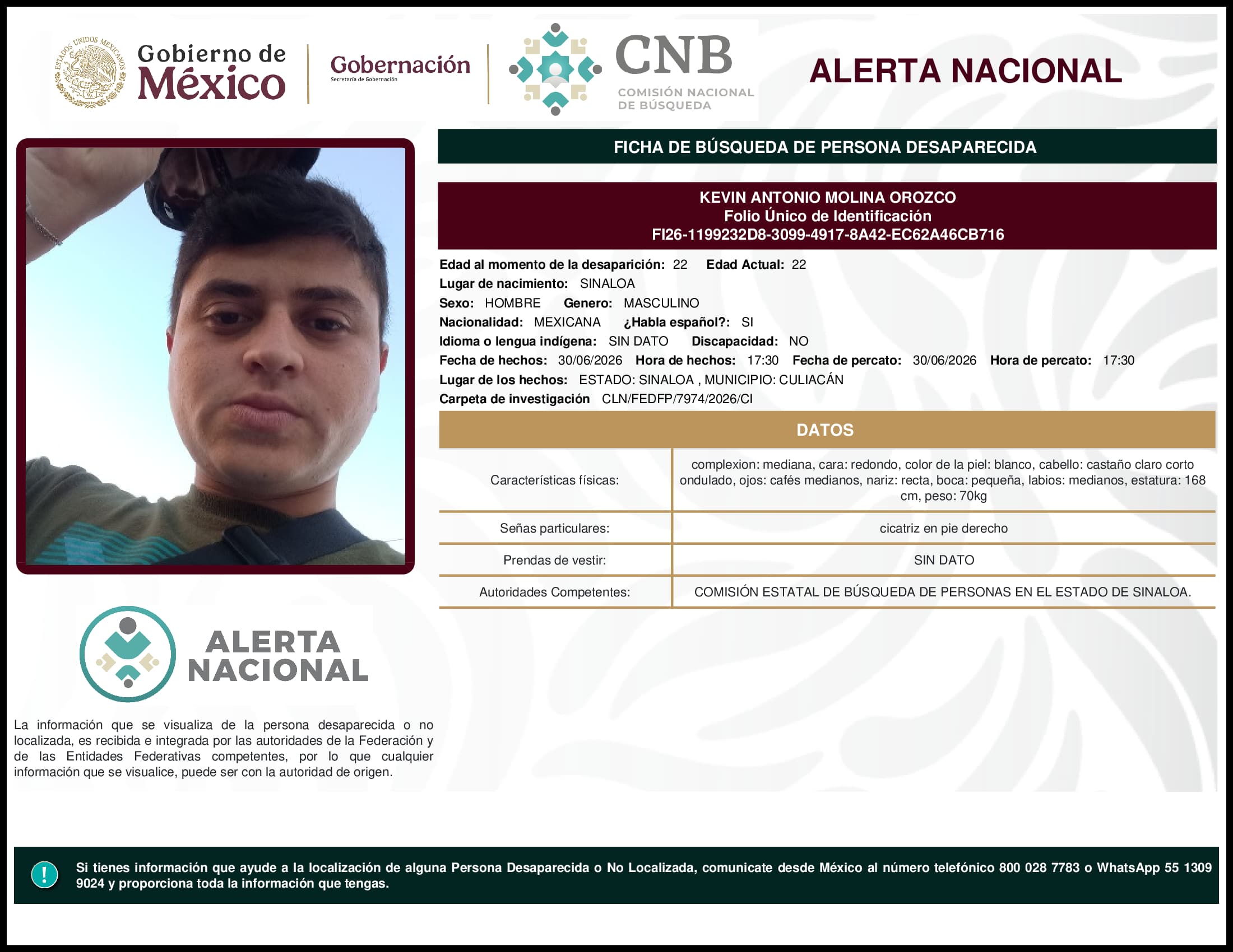 Persona desaparecida Kevin Antonio Molina Orozco