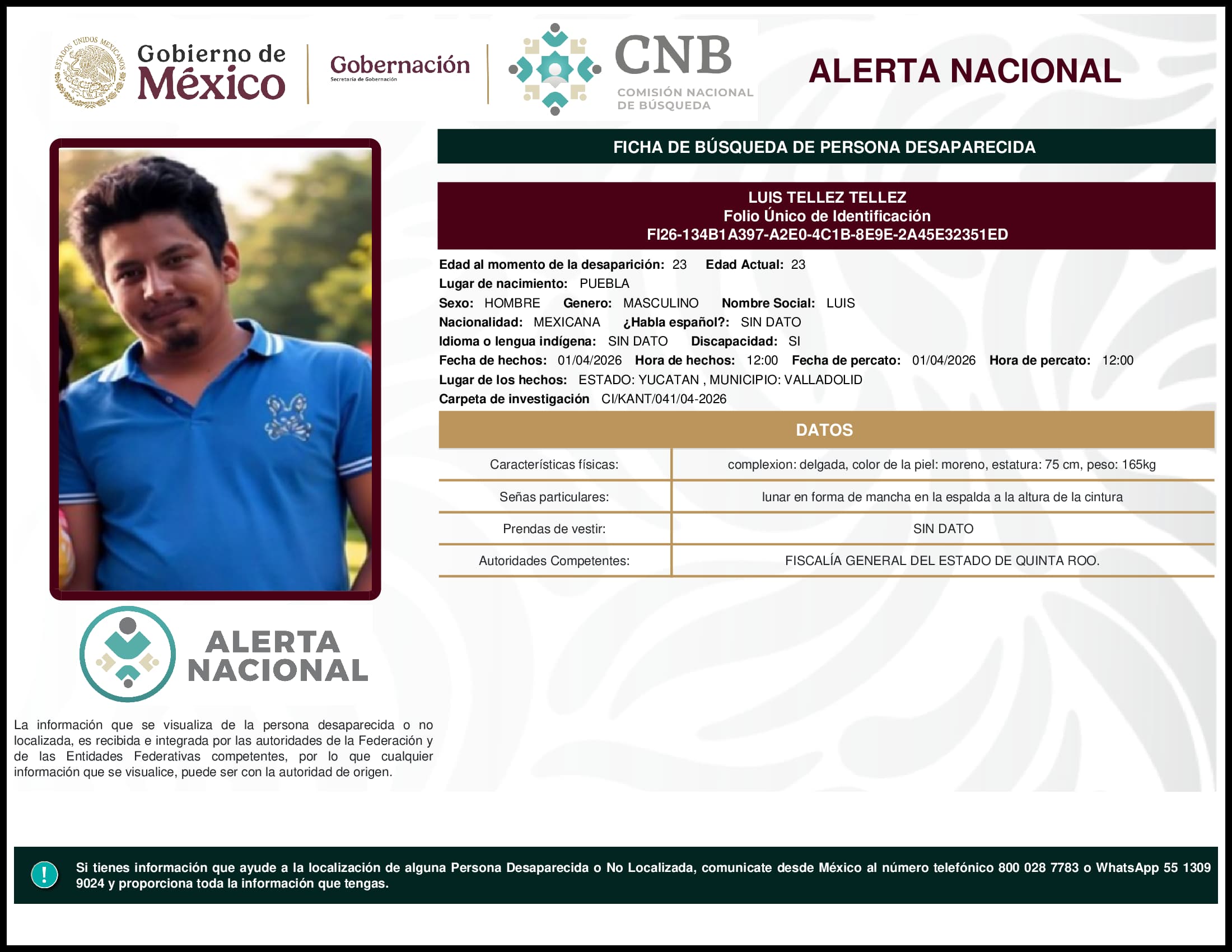 Persona desaparecida Luis Tellez Tellez