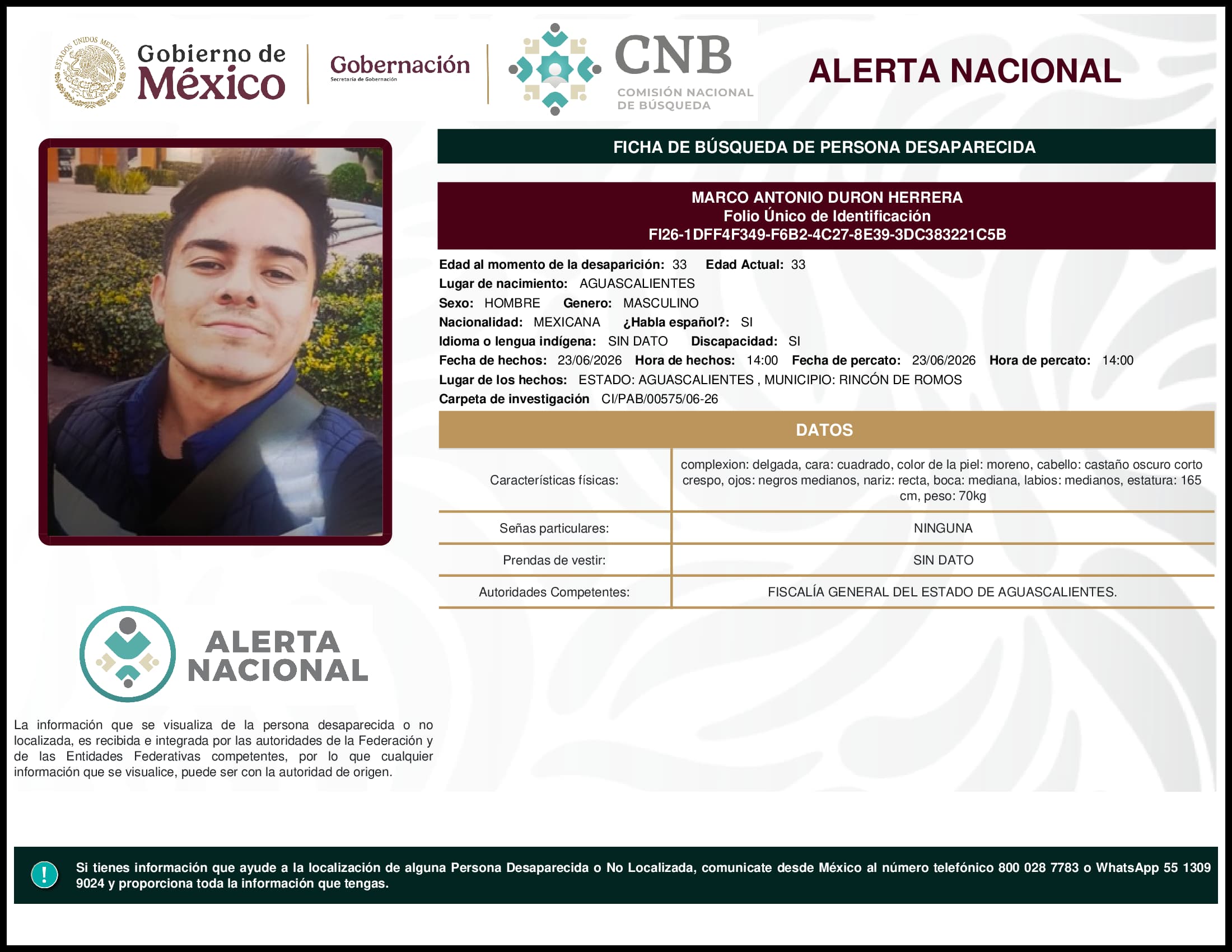 Persona desaparecida Marco Antonio Duron Herrera