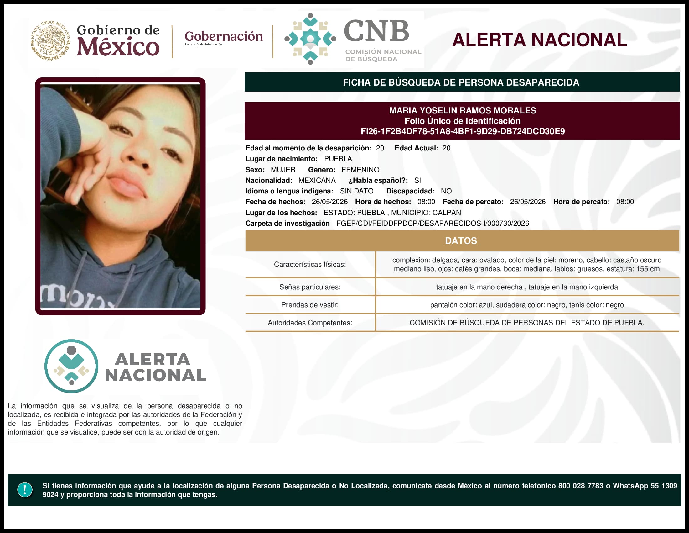 Persona desaparecida Maria Yoselin Ramos Morales