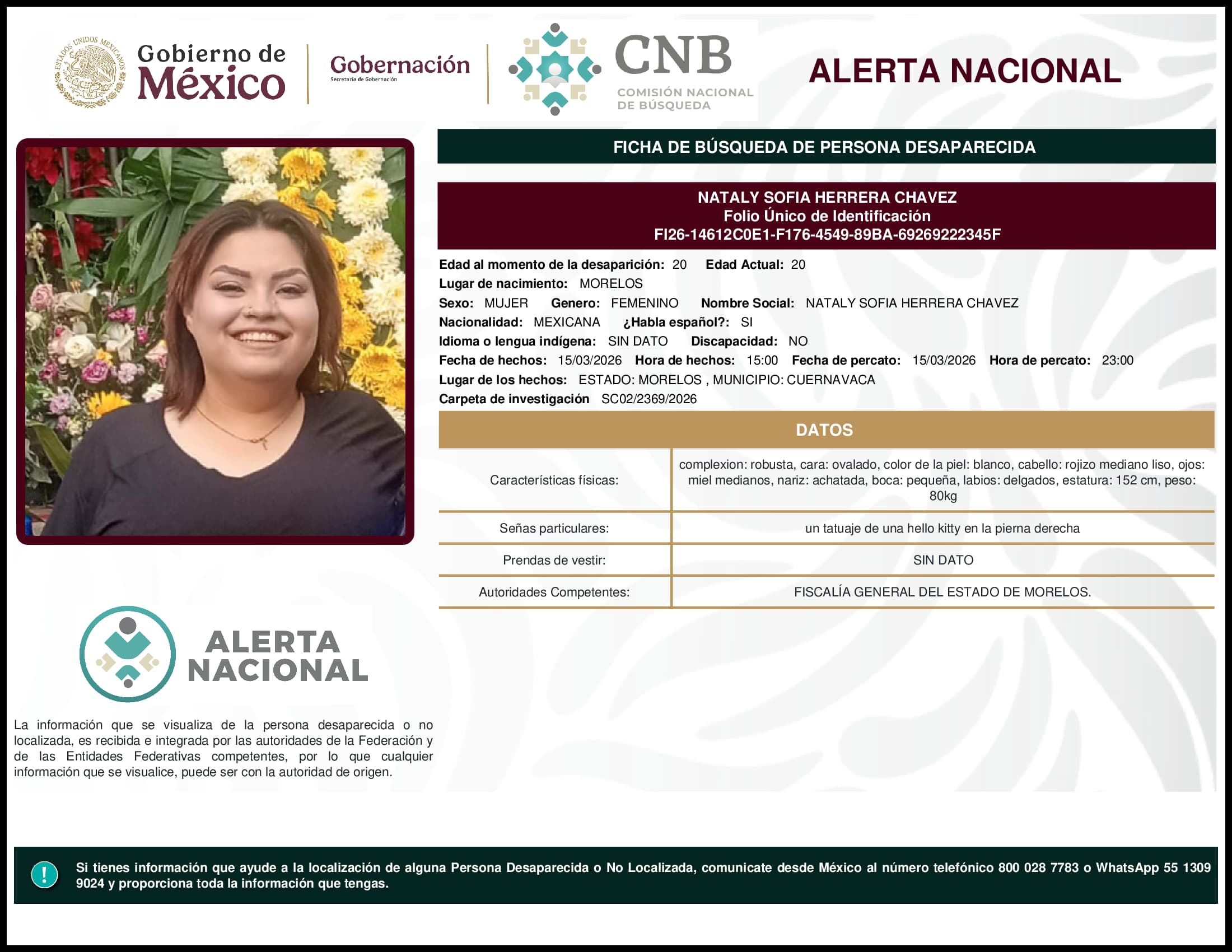 Persona desaparecida Nataly Sofia Herrera Chavez