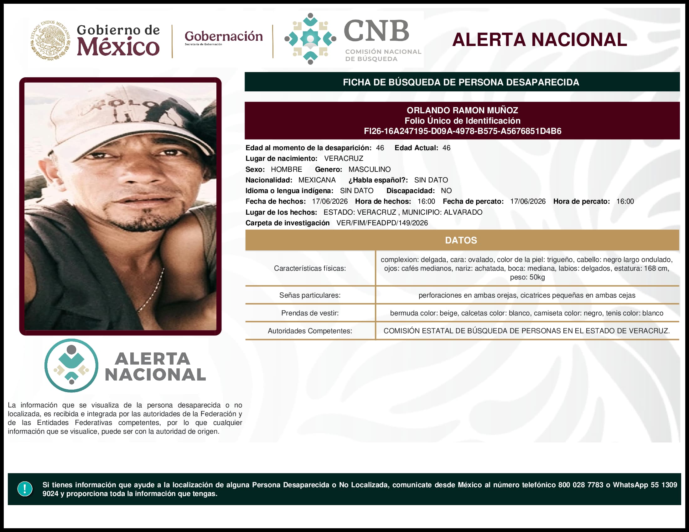 Persona desaparecida Orlando Ramon Munoz