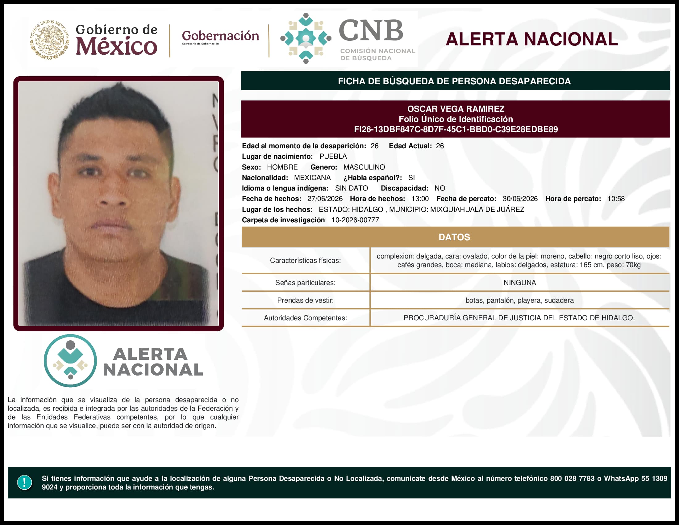 Persona desaparecida Oscar Vega Ramirez